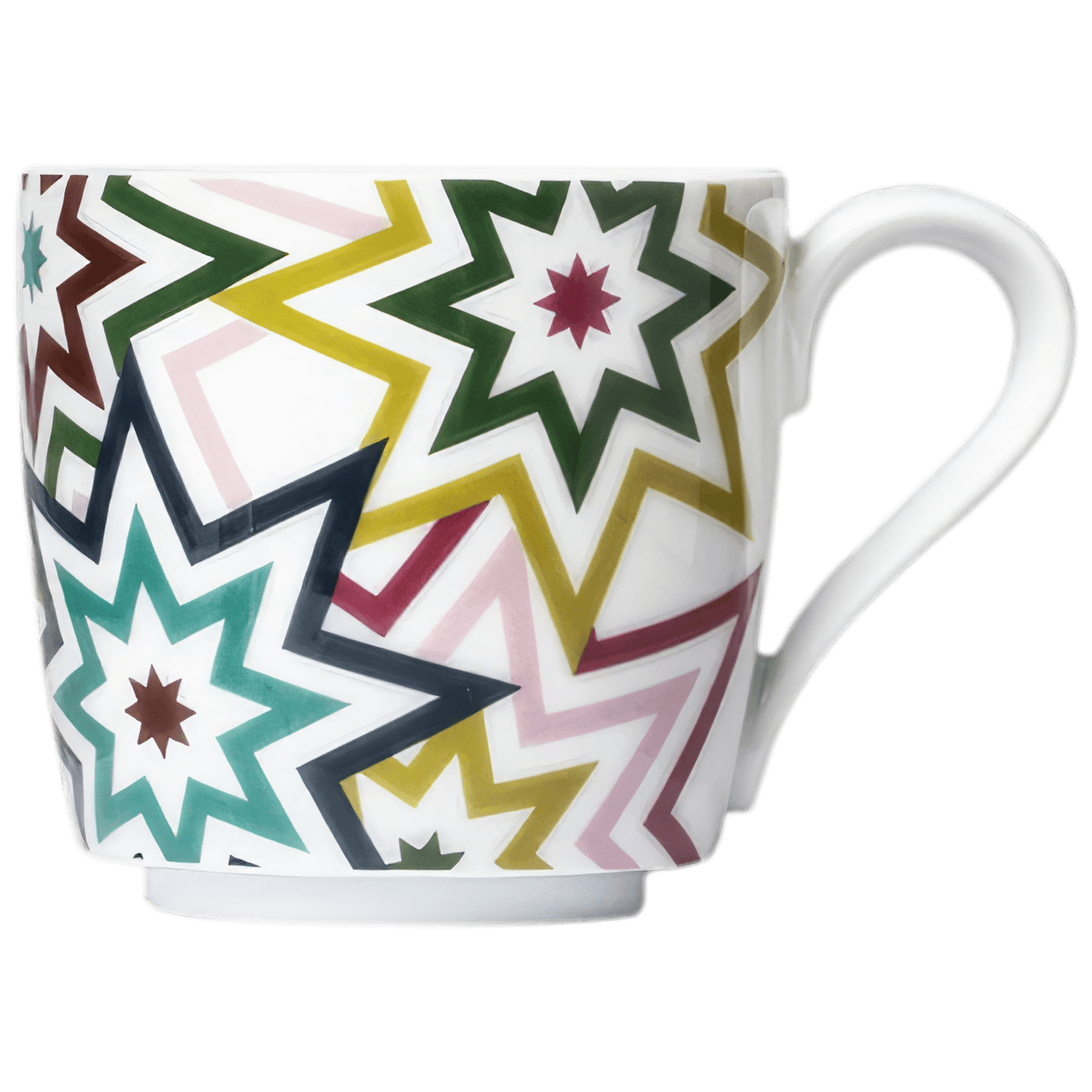 Tasse mit buntem, sternenförmigem Muster auf weißem Hintergrund. Fürstenberg Porzellan.
