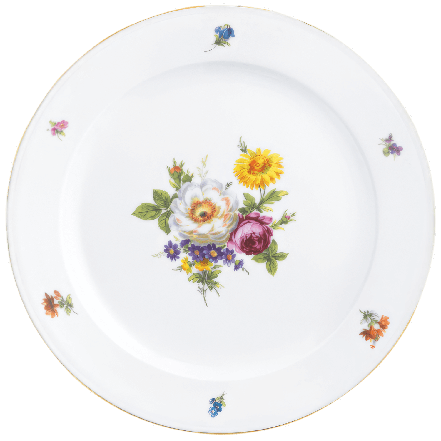 Weißer Porzellanteller mit buntem Blumenmuster und goldenen Rändern. Fürstenberg Porzellan.