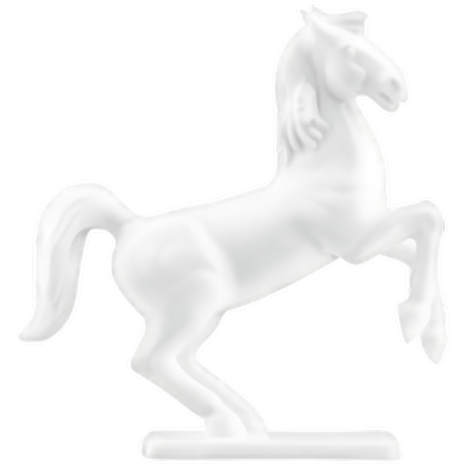 Weiße Porzellanpferd-Figur balanciert auf Hinterbeinen, statisch auf schwarzem Hintergrund. Fürstenberg Porzellan.
