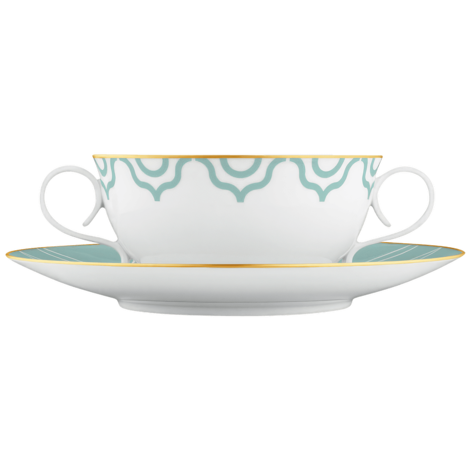 Weiß-grüne Teetasse mit goldener Verzierung auf passender Untertasse. Fürstenberg Porzellan.