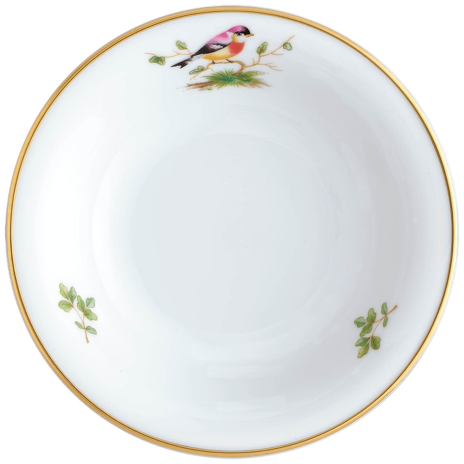 Weiße Porzellanschale mit Vogelmotiv, grünem Blattdekor und goldenem Rand. Fürstenberg Porzellan.