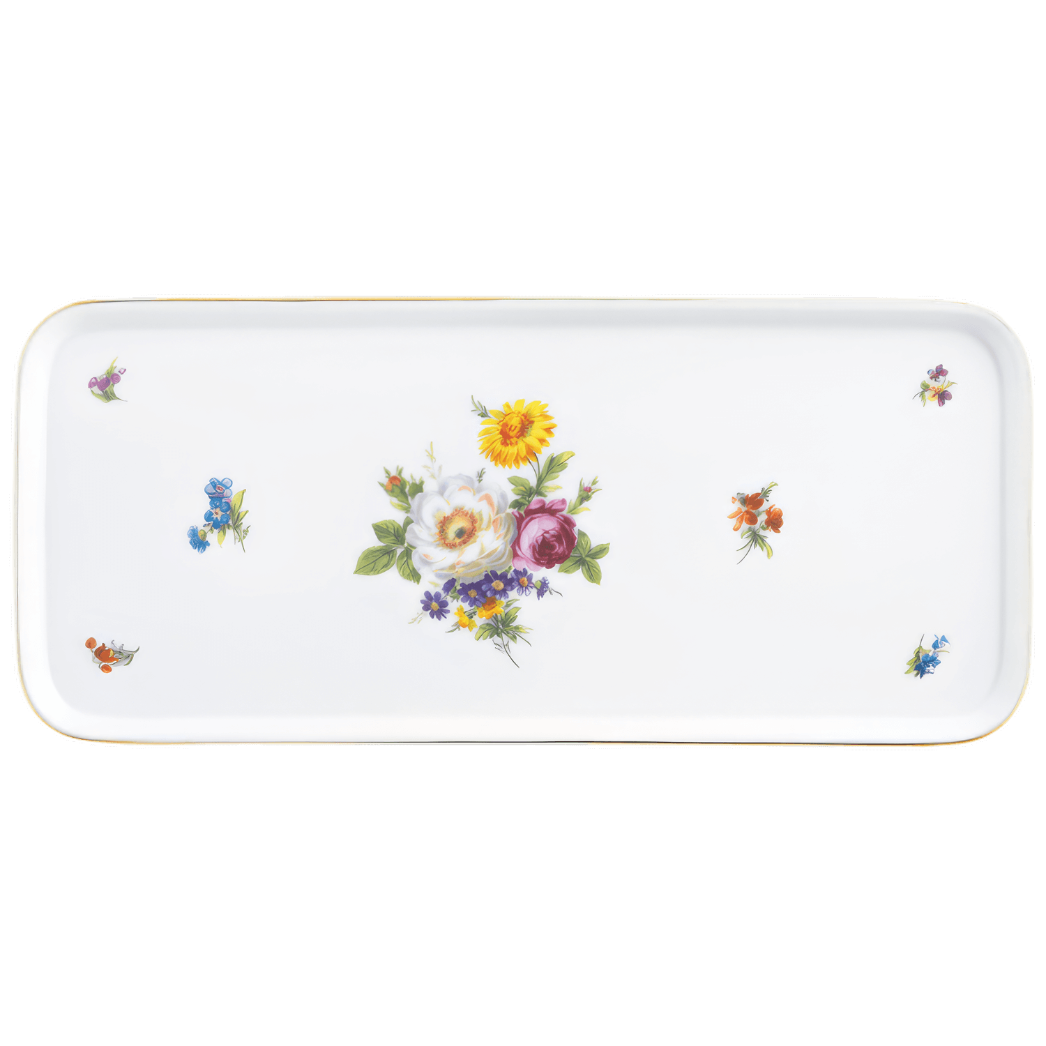 Weißes rechteckiges Tablett zeigt bunte Blumendekorationen und vereinzelte Blüten. Fürstenberg Porzellan.