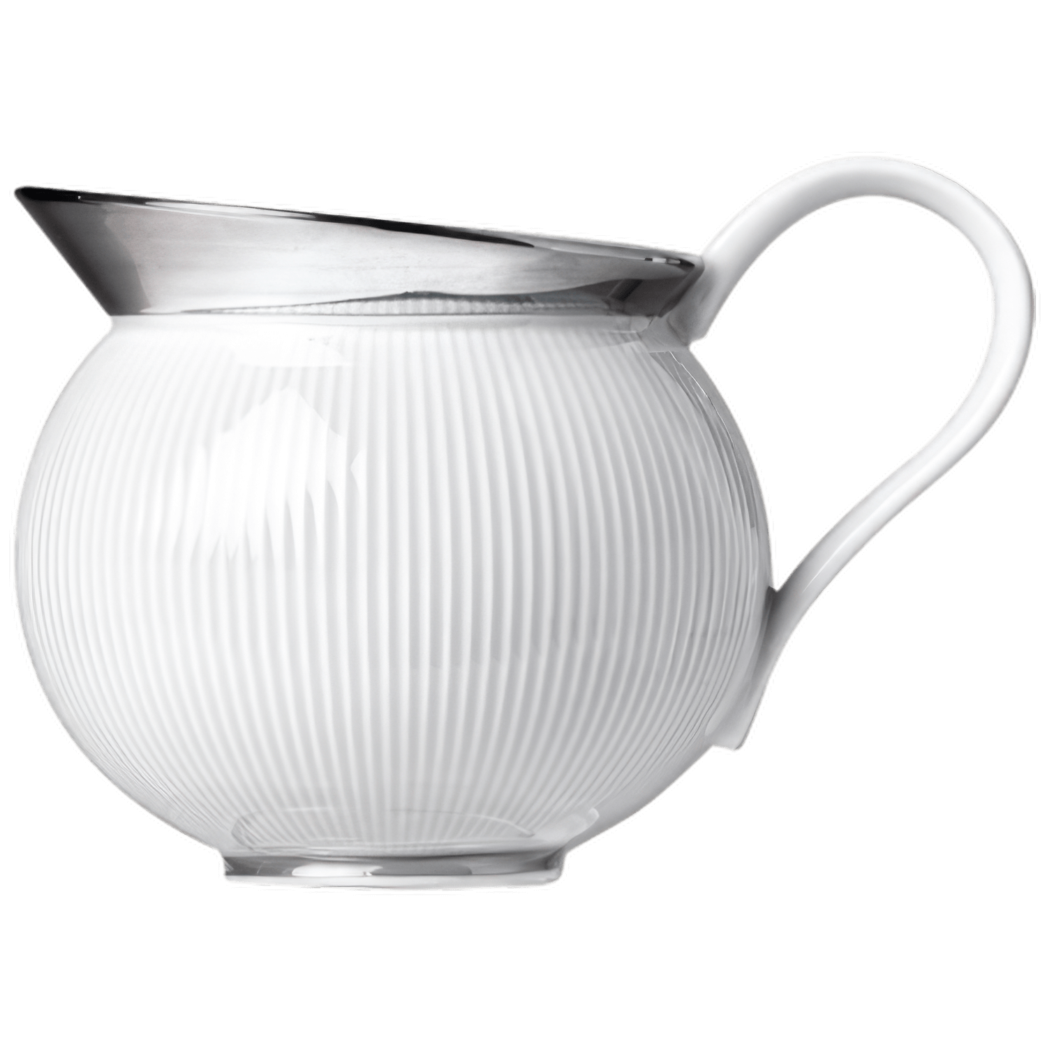 Weiße Kanne mit strukturiertem Muster und silbernem Ausguss, elegante Form. Fürstenberg Porzellan.