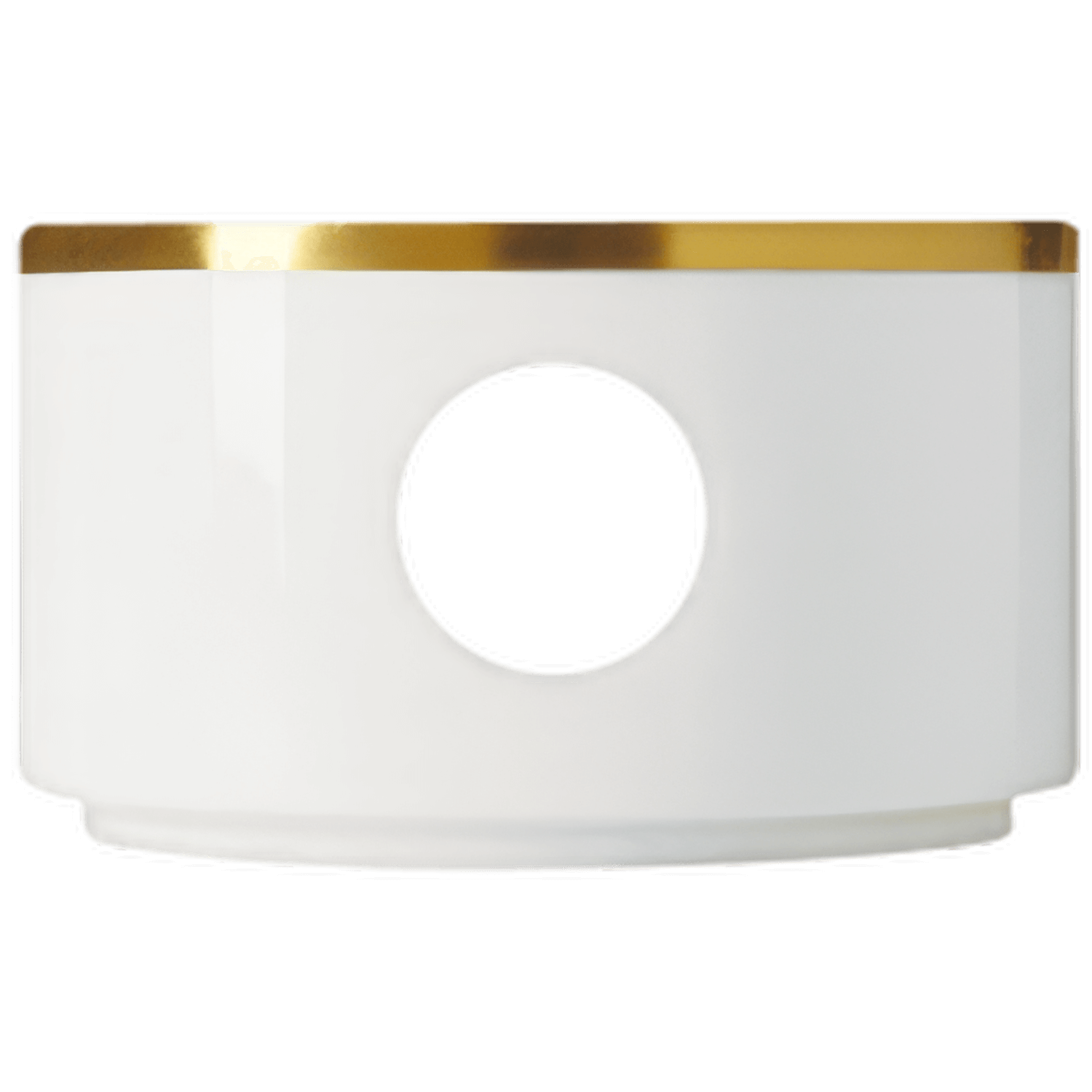 Weiße Porzellan-Gehäuse mit goldenem Rand und runder Öffnung, minimalistisch gestaltet. Fürstenberg Porzellan.