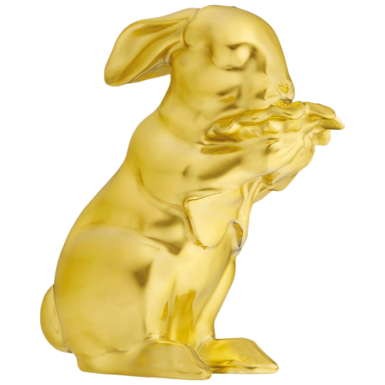 Goldener Hase sitzt mit gefalteten Ohren still. Fürstenberg Porzellan.