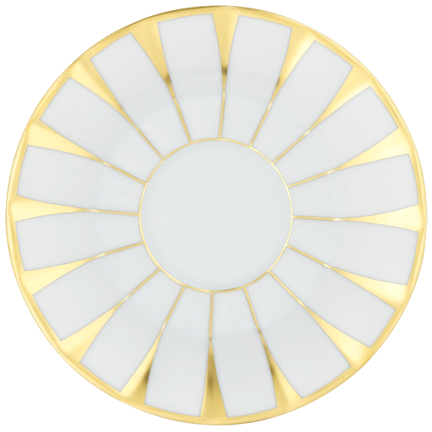 Teller mit weiß-goldenem geometrischen Sonnenmuster, symmetrisch angeordnet. Fürstenberg Porzellan.