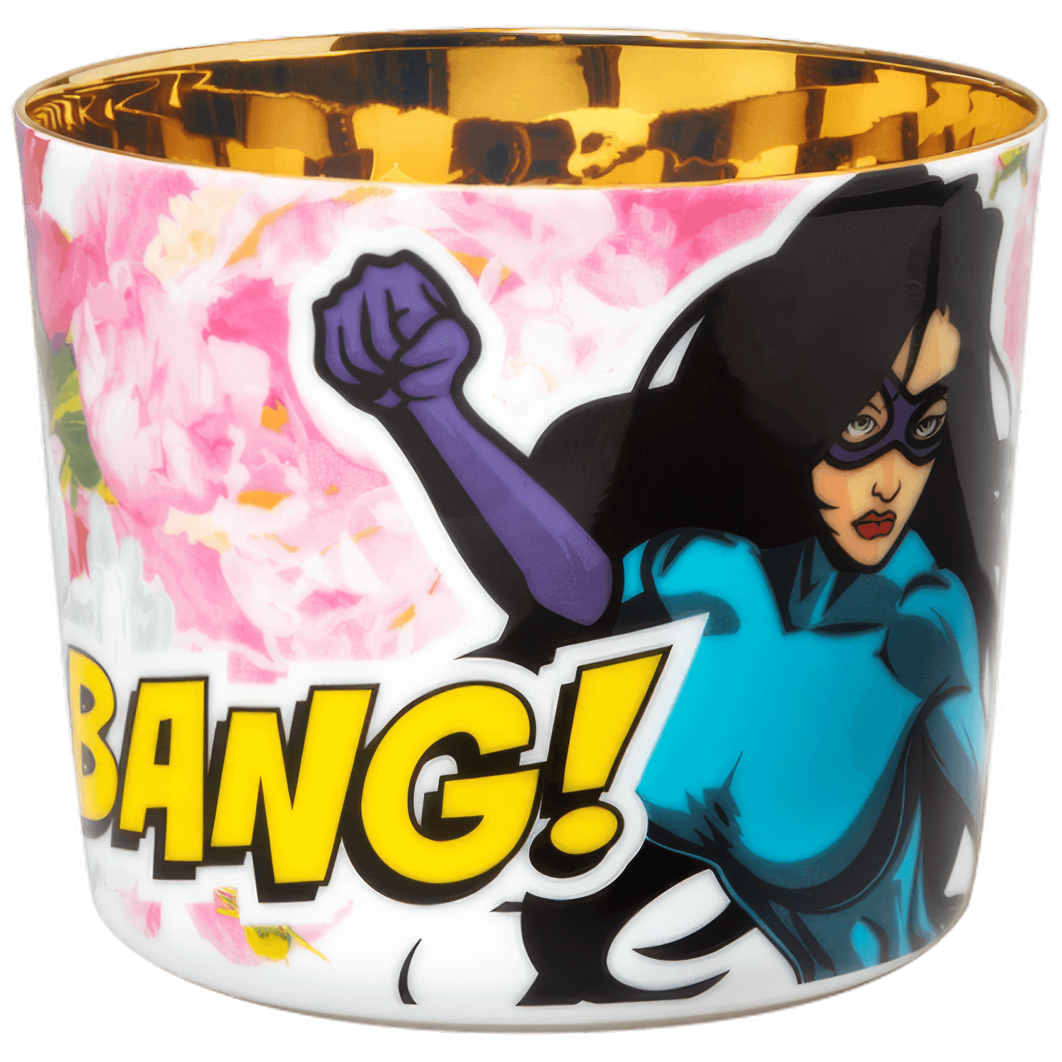 Tasse mit Superheldin-Design, goldene Innenseite, Text "BANG!" sichtbar. Fürstenberg Porzellan.