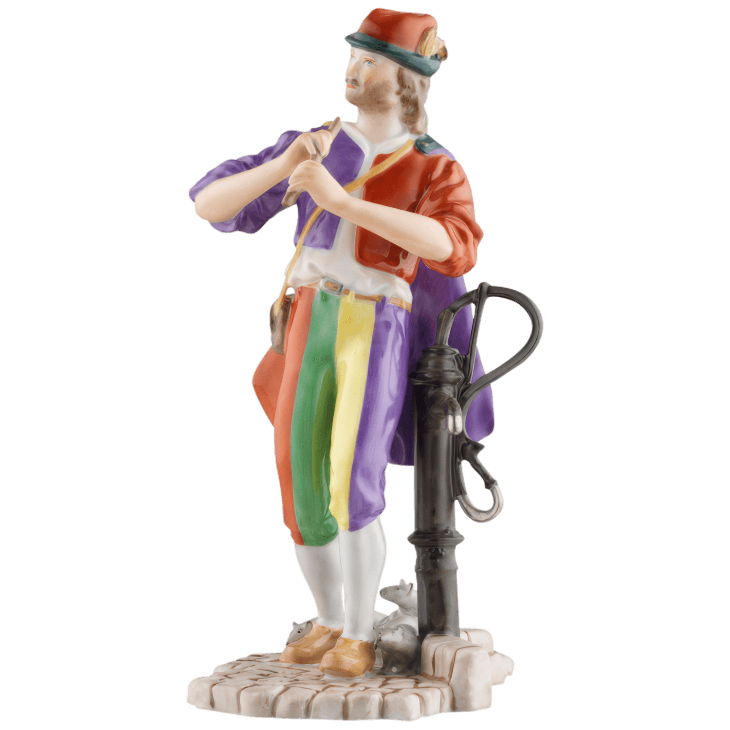 Porzellanfigur eines Mannes in bunter Kleidung spielt Flöte neben Wasserpumpe. Fürstenberg Porzellan.