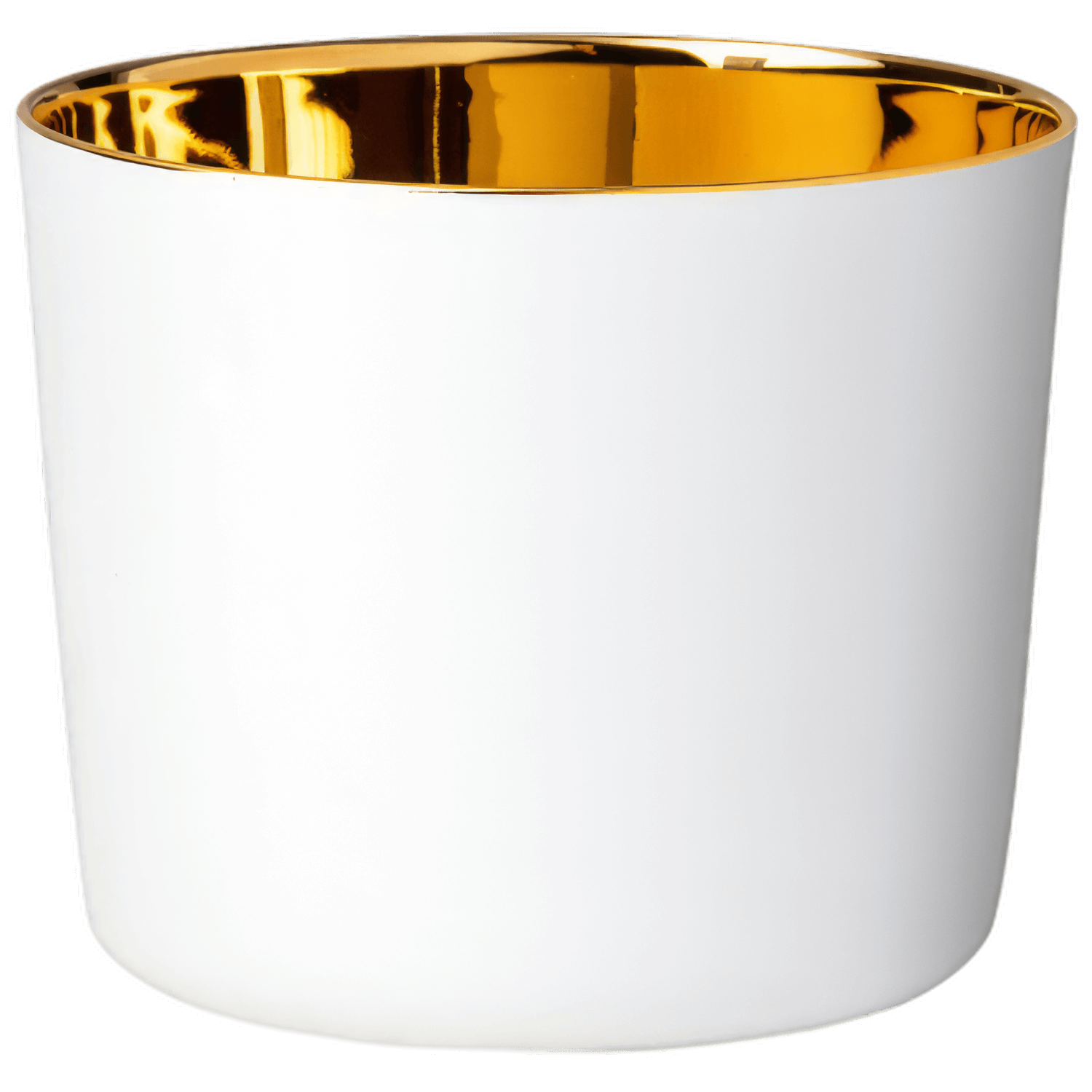 Weißer Becher mit glänzend goldener Innenseite, stehend, vor neutralem Hintergrund. Fürstenberg Porzellan.