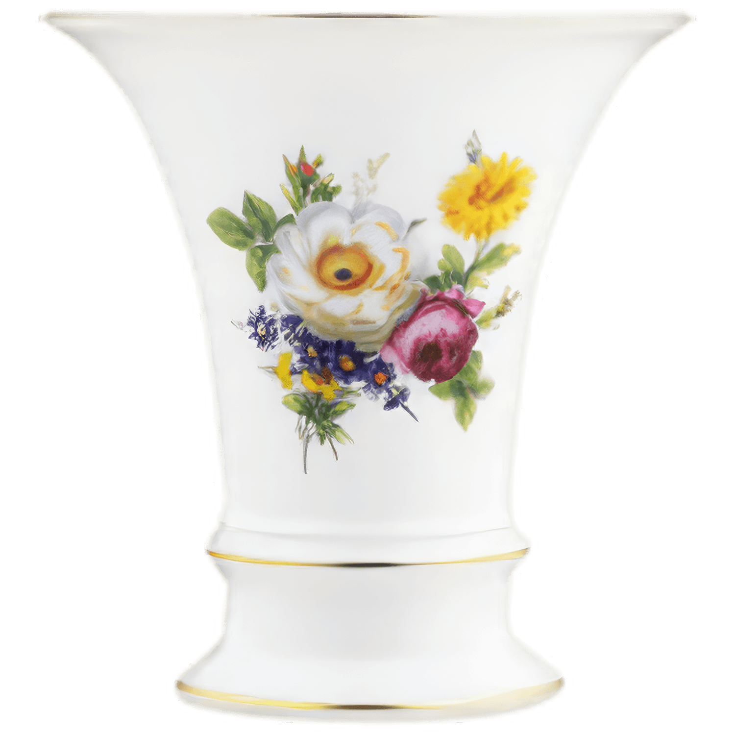 Weiße Bogenrand-Vase mit handgemalten bunten Blumen, goldene Ränder. Fürstenberg Porzellan.