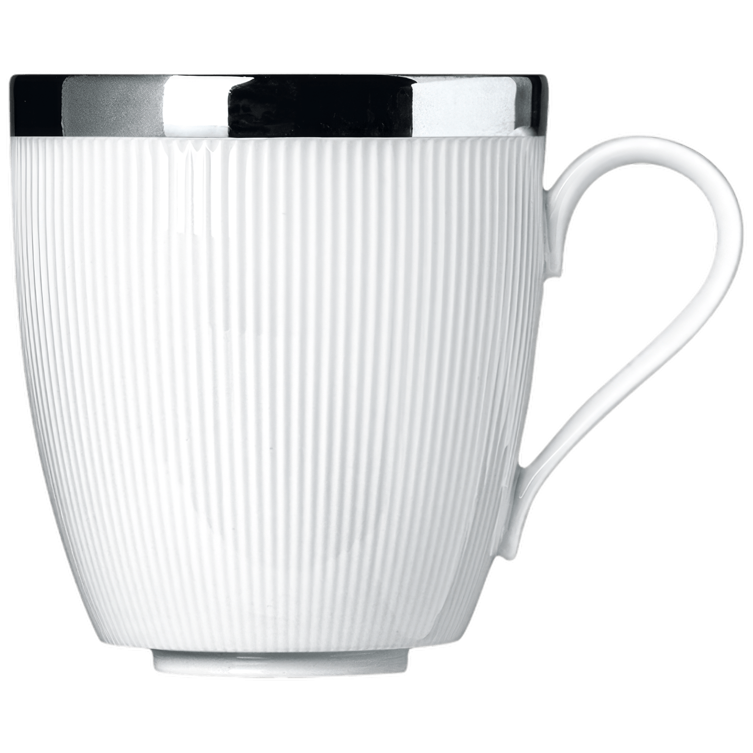 Weiße, vertikal gerillte Tasse mit glänzendem Silberrand, seitlich betrachtet. Fürstenberg Porzellan.