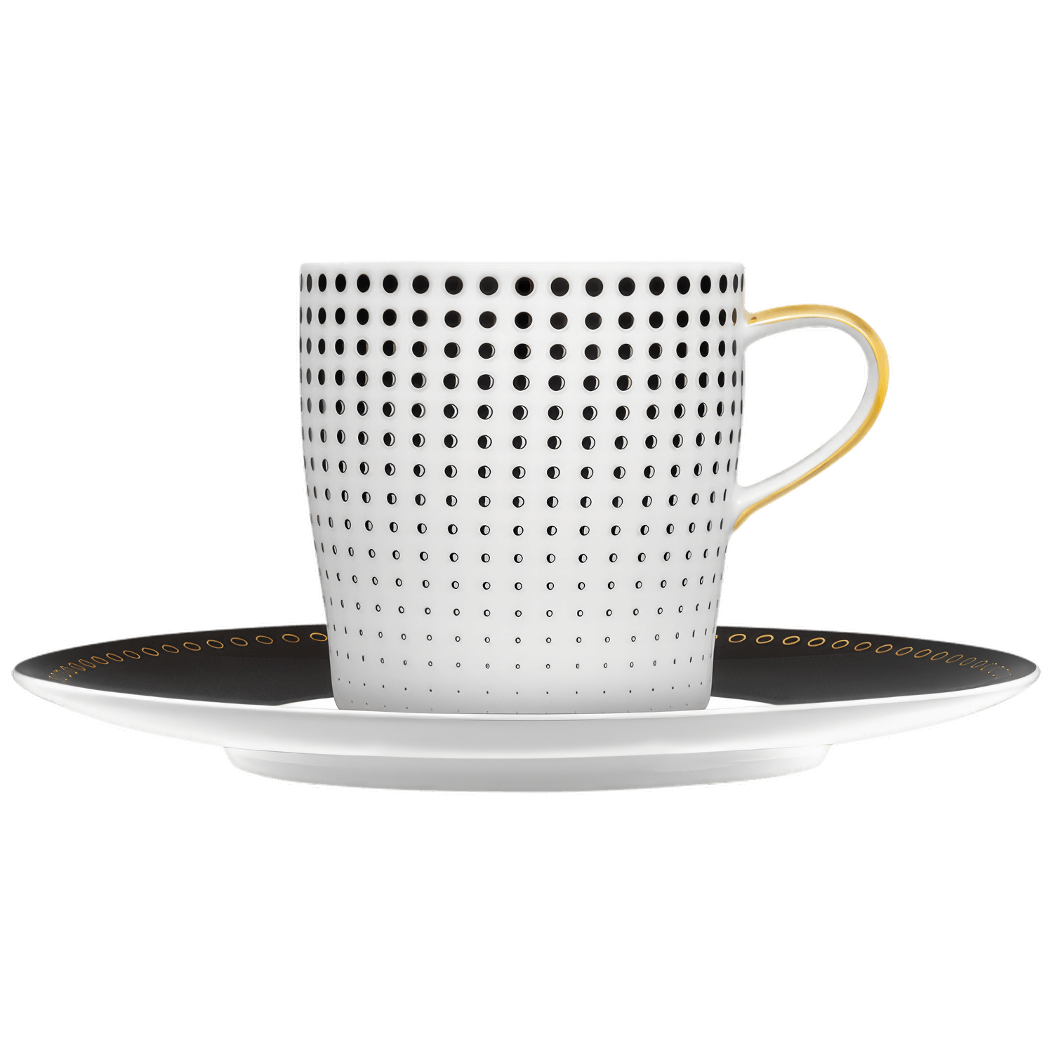 Weiße Kaffeetasse mit schwarzem Punktmuster, steht auf passender Untertasse. Fürstenberg Porzellan.