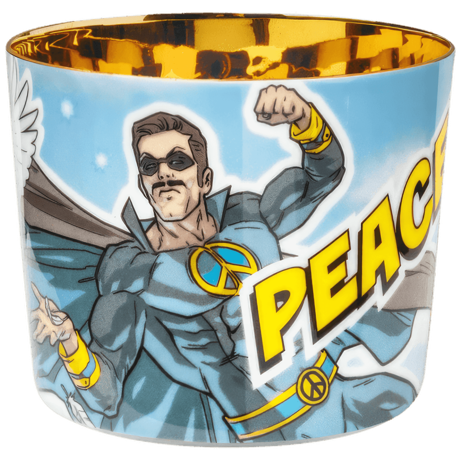 Tasse mit Superheld und Text "PEACE" auf himmelblauem Hintergrund. Fürstenberg Porzellan.