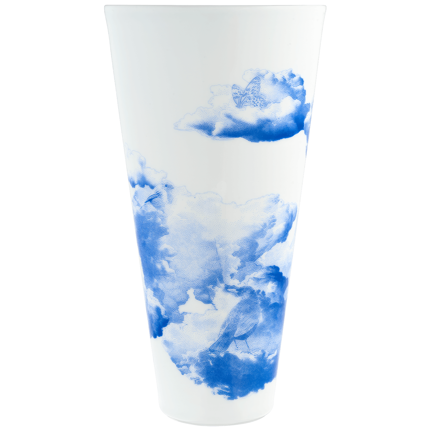 Weiße Porzellanvase mit blauem Wolken- und Vogelmotiv. Fürstenberg Porzellan.