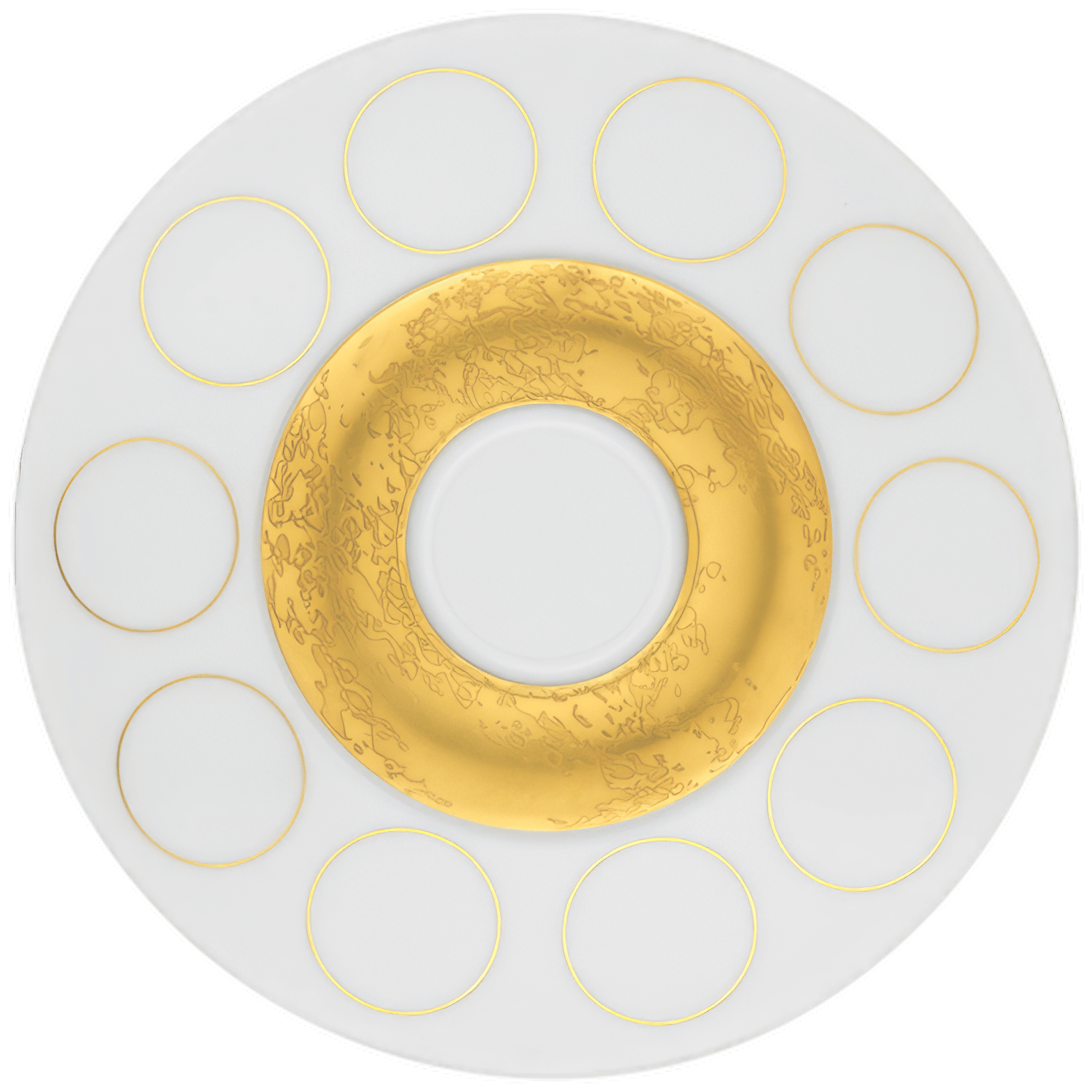 Weiße Porzellantasse mit kreisförmigem goldenen Dekor und Reliefgold. Fürstenberg Porzellan.