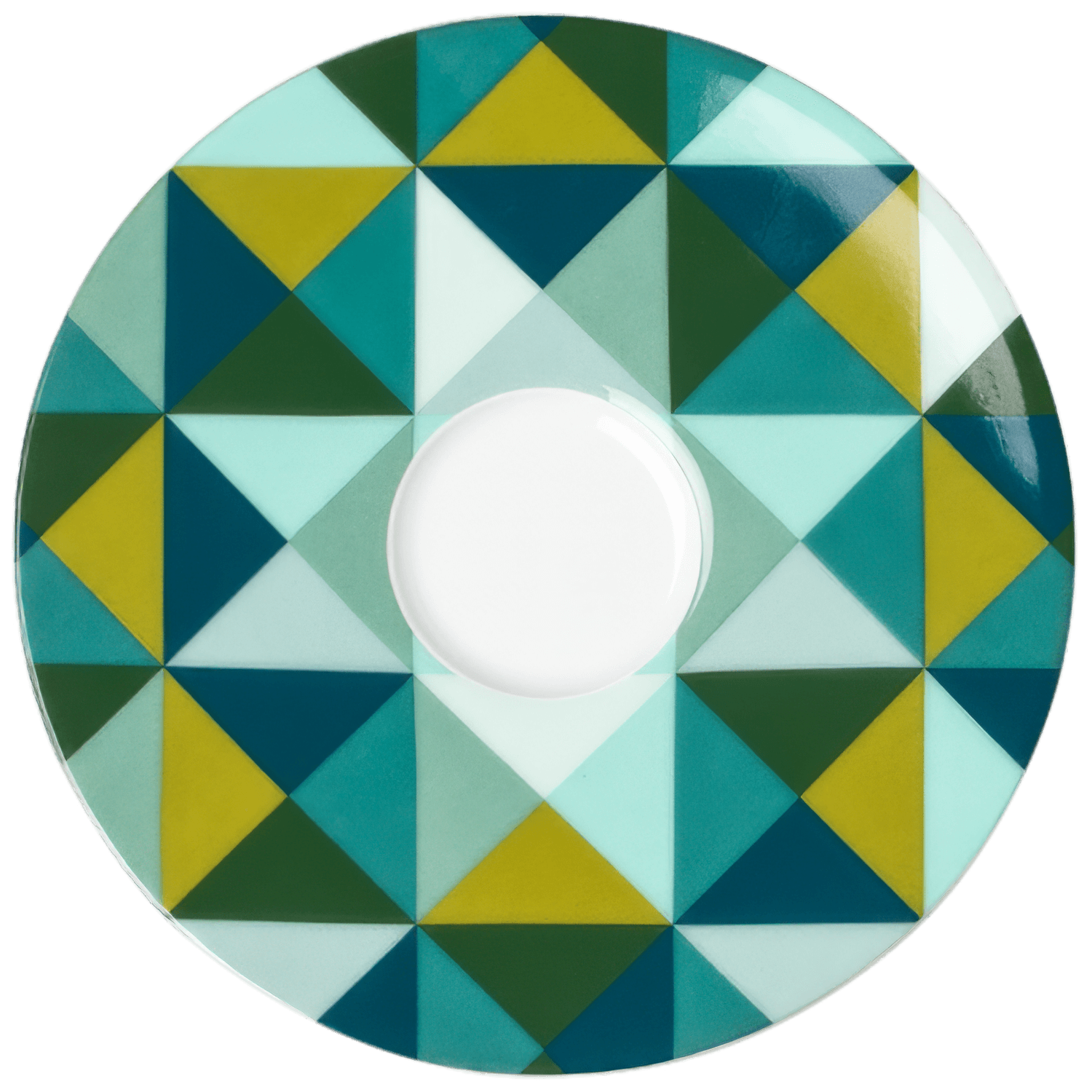 Bunte Untertasse mit geometrischen Formen und vielen Dreiecken, designorientiert. Fürstenberg Porzellan.