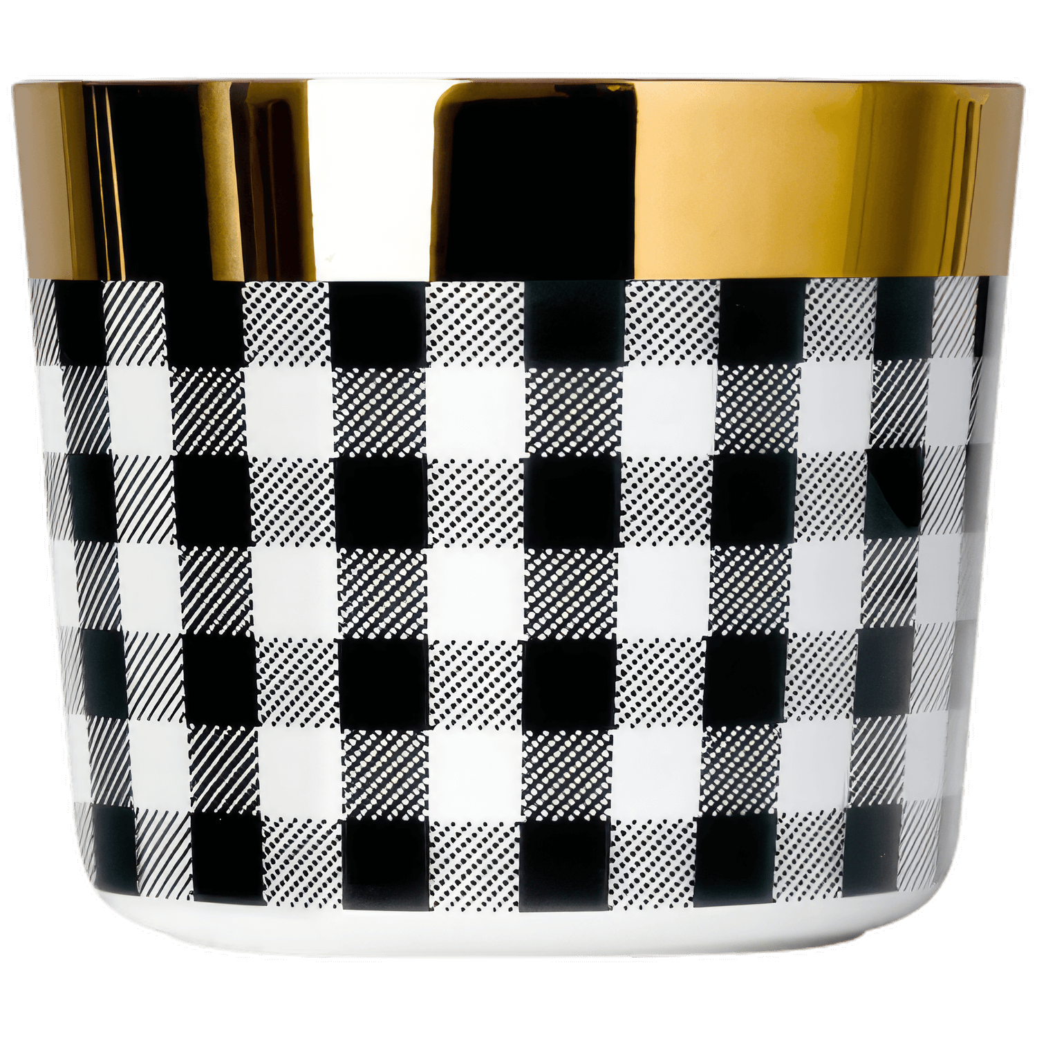 Becher mit schwarz-weißem Gingham-Muster, oben goldener Rand. Fürstenberg Porzellan.