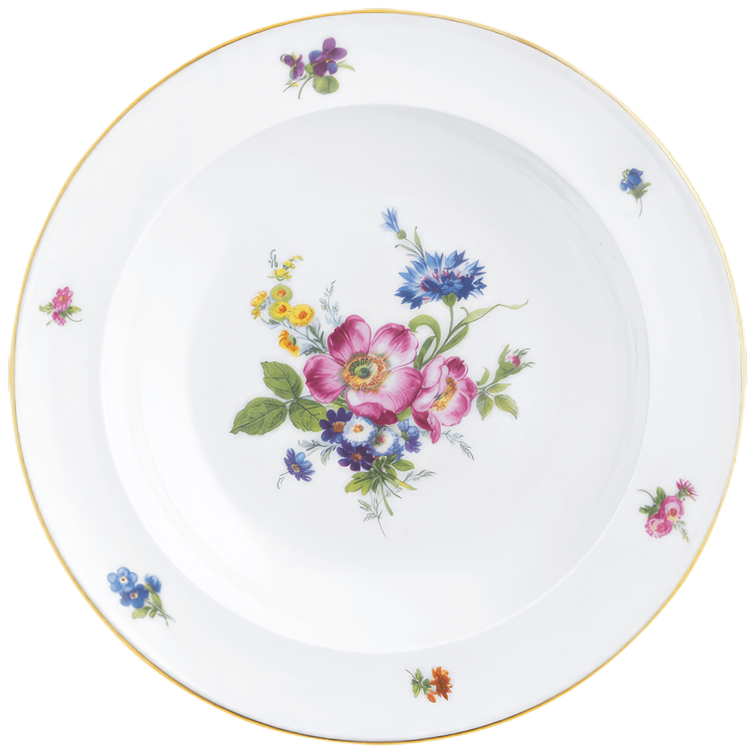 Tiefer Porzellanteller mit buntem Blumendesign und goldener Kante. Fürstenberg Porzellan.