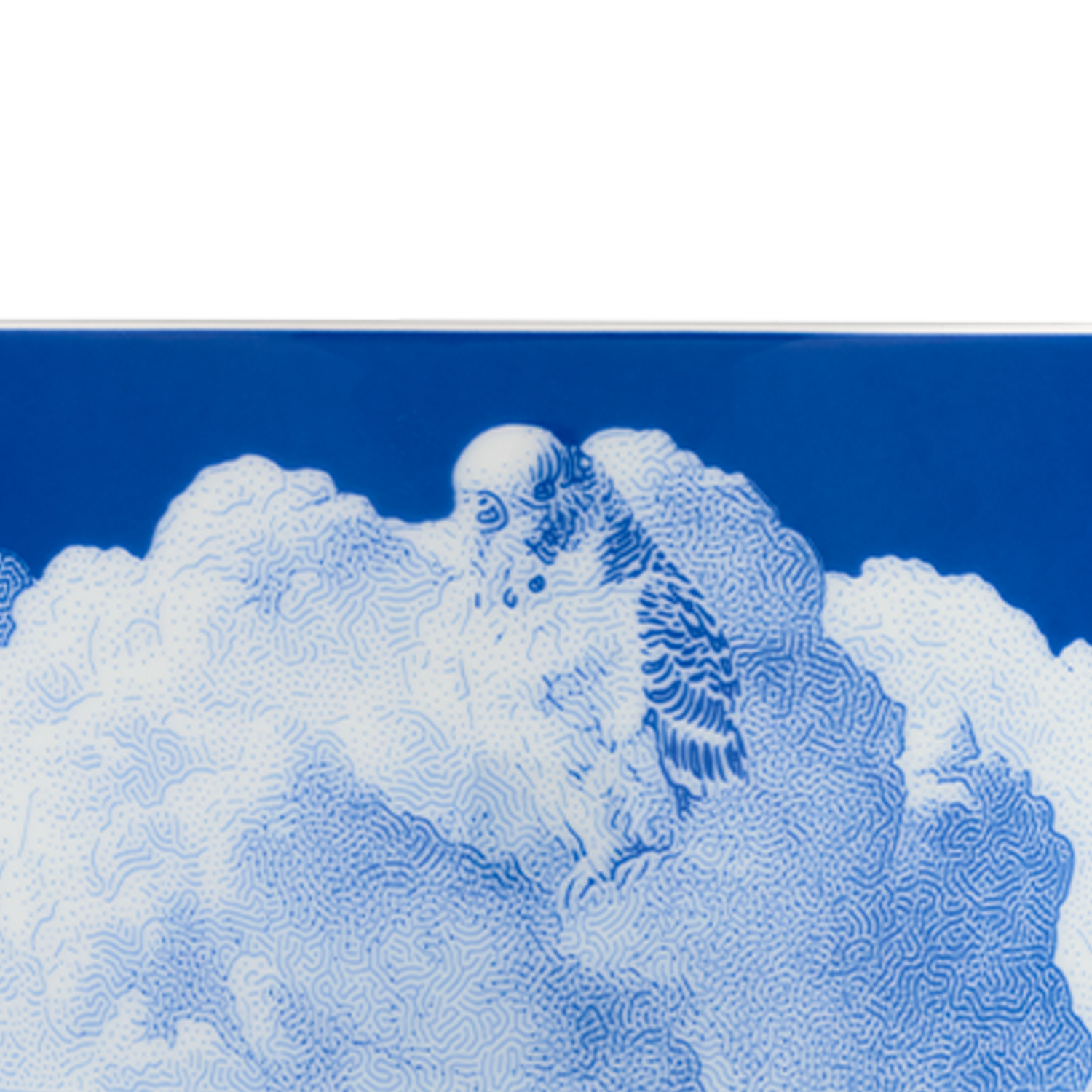 Ein Wellensittich fliegt inmitten blauer und weißer Wolkenformationen. Fürstenberg Porzellan.