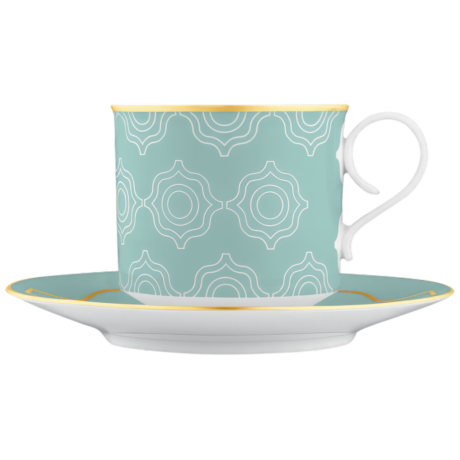 Teetasse mit goldenem Rand und geometrischem Muster auf Unterteller. Fürstenberg Porzellan.