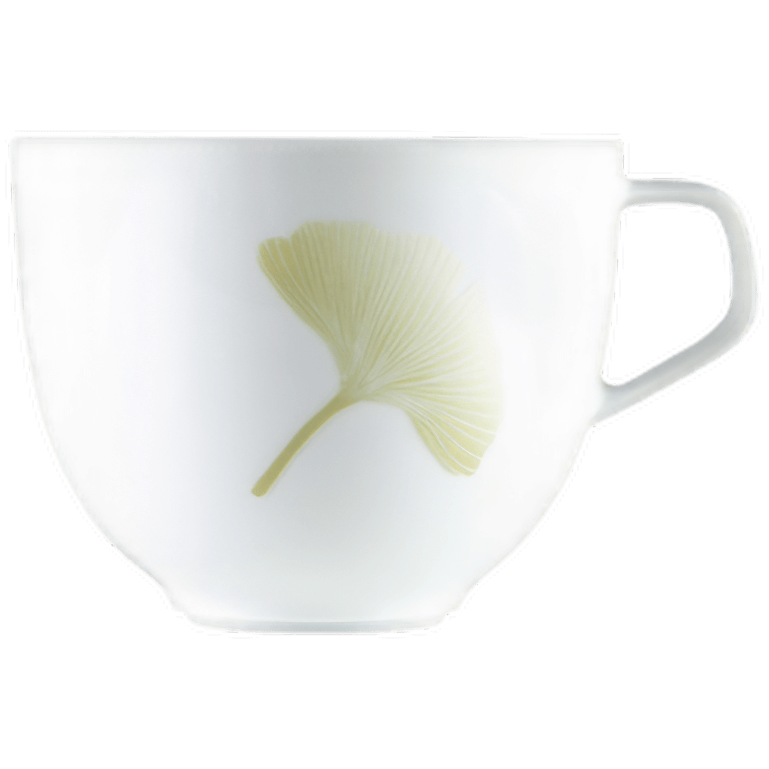 Weiße Tasse mit grünem Ginkgo-Blattmotiv, Henkel seitlich. Fürstenberg Porzellan.