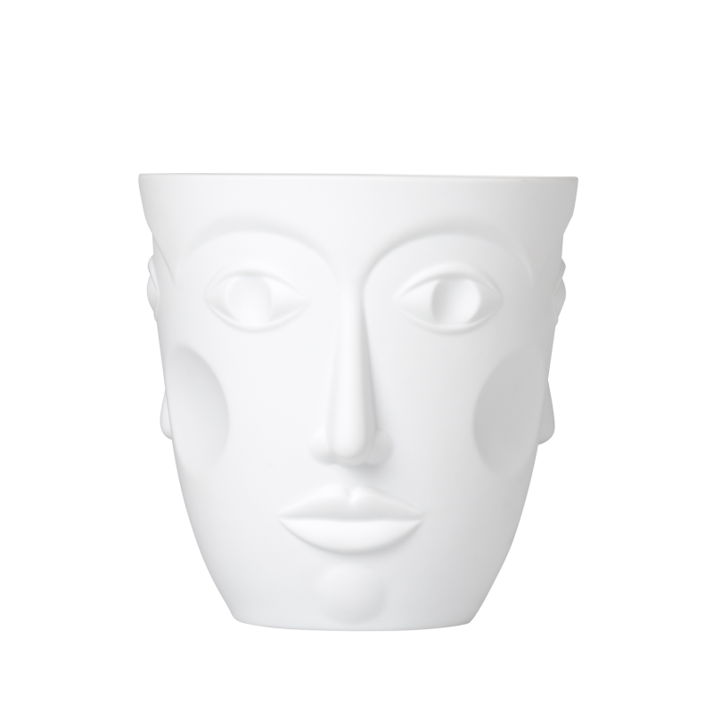Weiße Vase mit stilisiertem Gesicht, neutraler Ausdruck, ohne weitere Verzierung. Fürstenberg Porzellan.