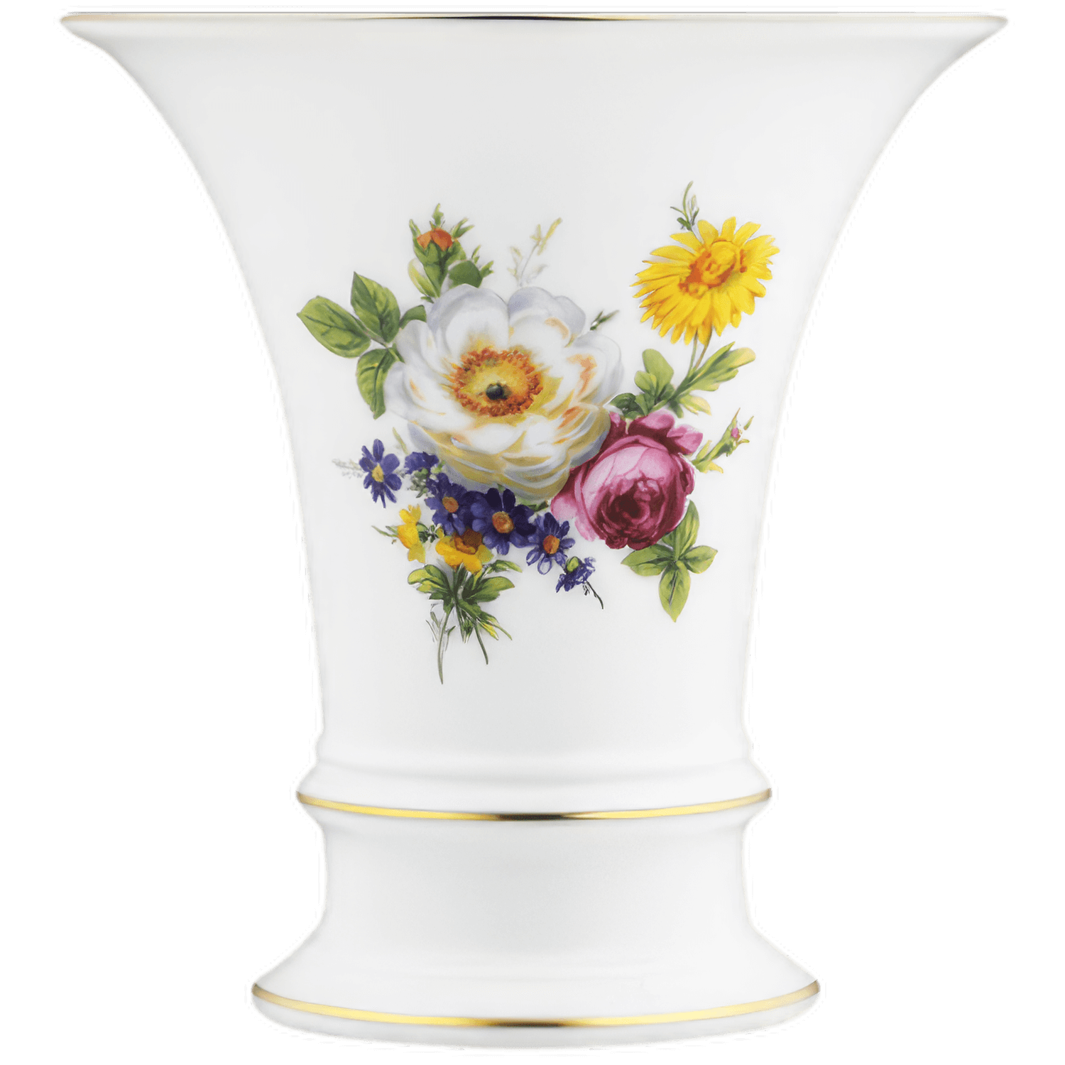 Porzellanvase mit buntem Blumenmuster auf weißem Hintergrund. Fürstenberg Porzellan.