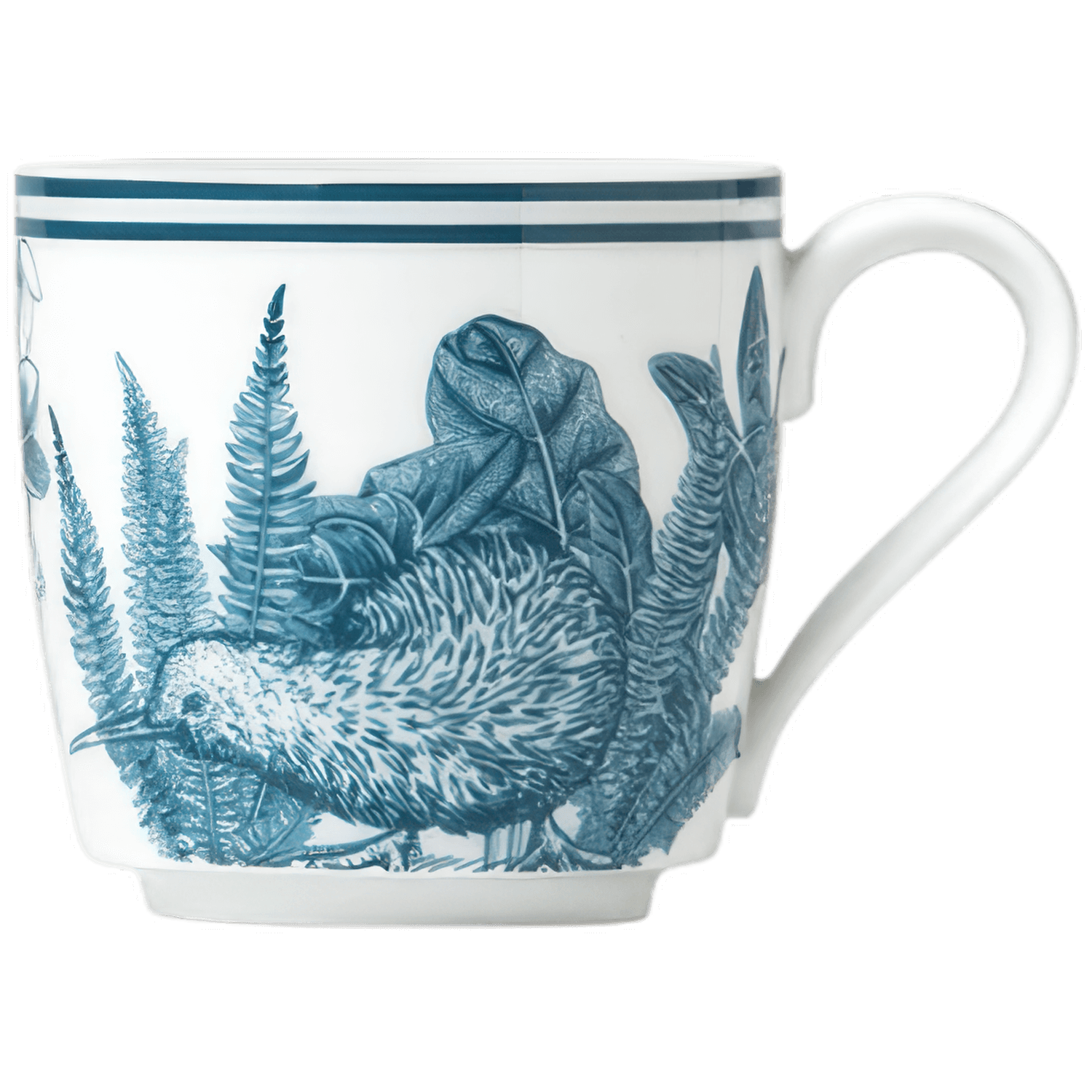 Weiße Tasse mit blauem Vogel- und Pflanzenmotiv, aufrecht stehend. Fürstenberg Porzellan.
