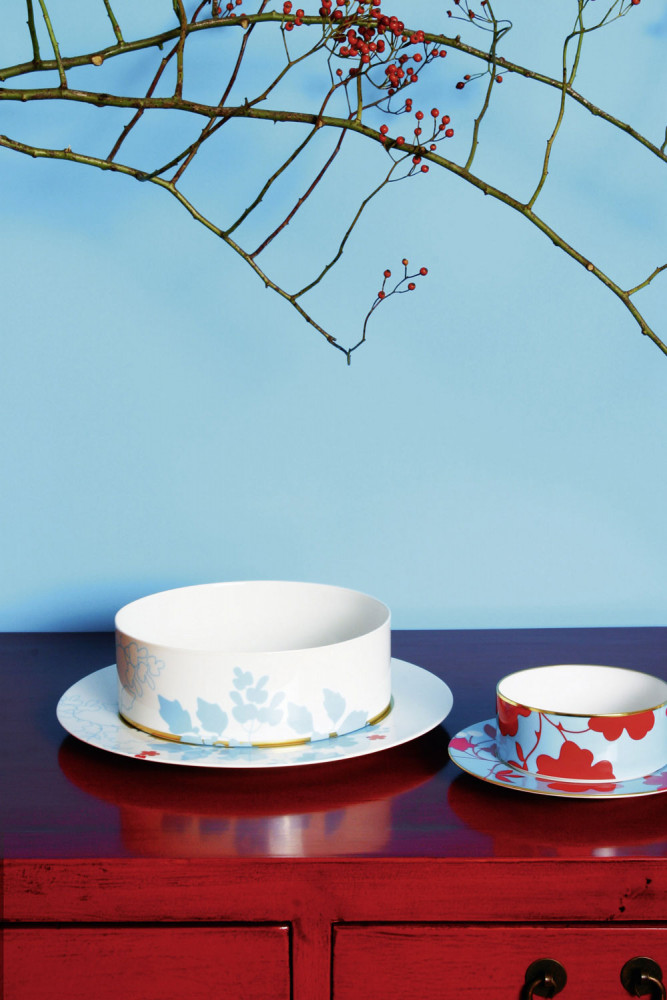 Porzellanteller und -tasse mit floralem Muster auf rotem Tisch vor blauem Hintergrund. Fürstenberg Porzellan.