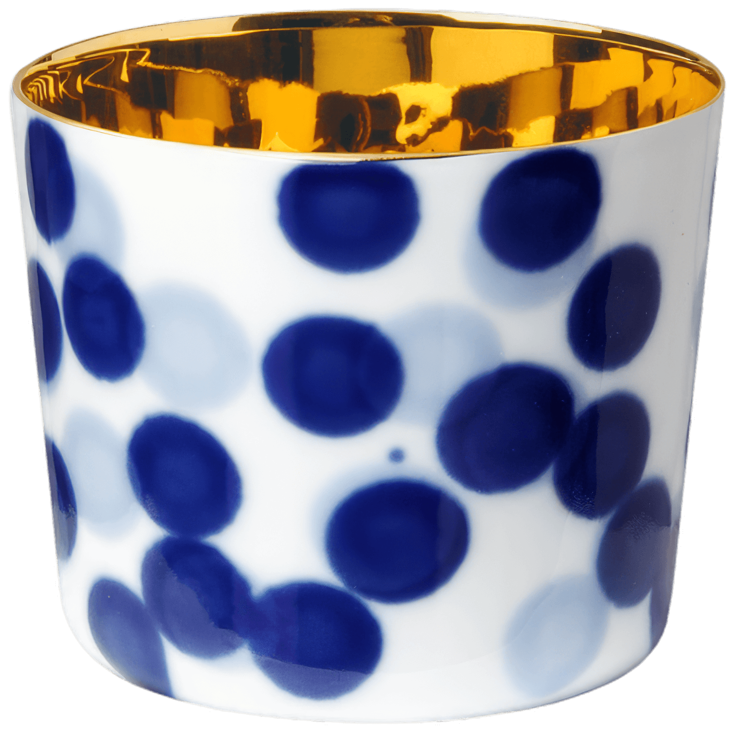 Weißer Becher, blauer Punkte, goldene Innenseite. Fürstenberg Porzellan.
