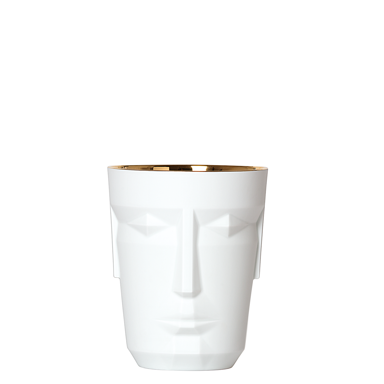 Weiße Porzellantasse mit Gesichtsmotiv, goldener Rand, minimalistisch gestaltet. Fürstenberg Porzellan.