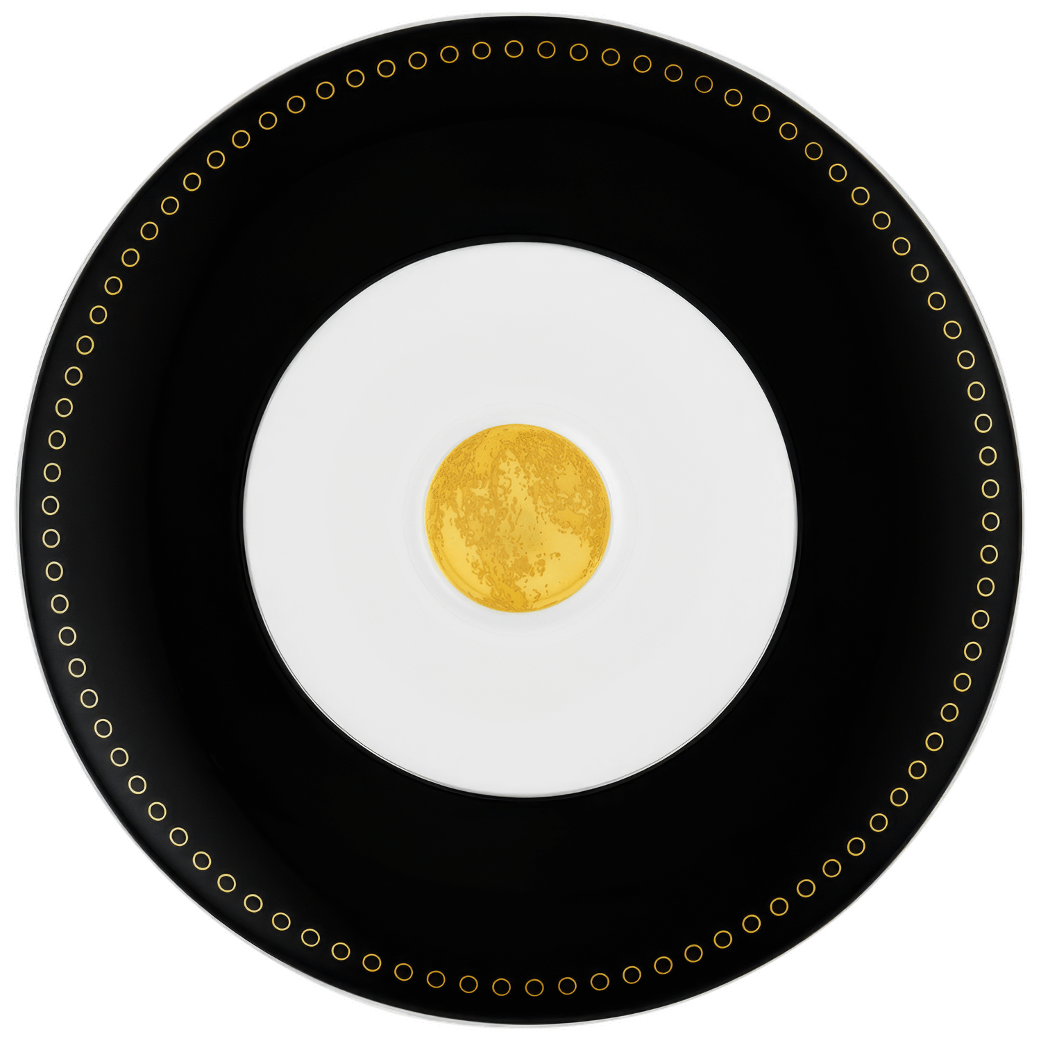 Schwarzer Teller mit goldenen Ringen und gelbem Kreis in der Mitte. Fürstenberg Porzellan.