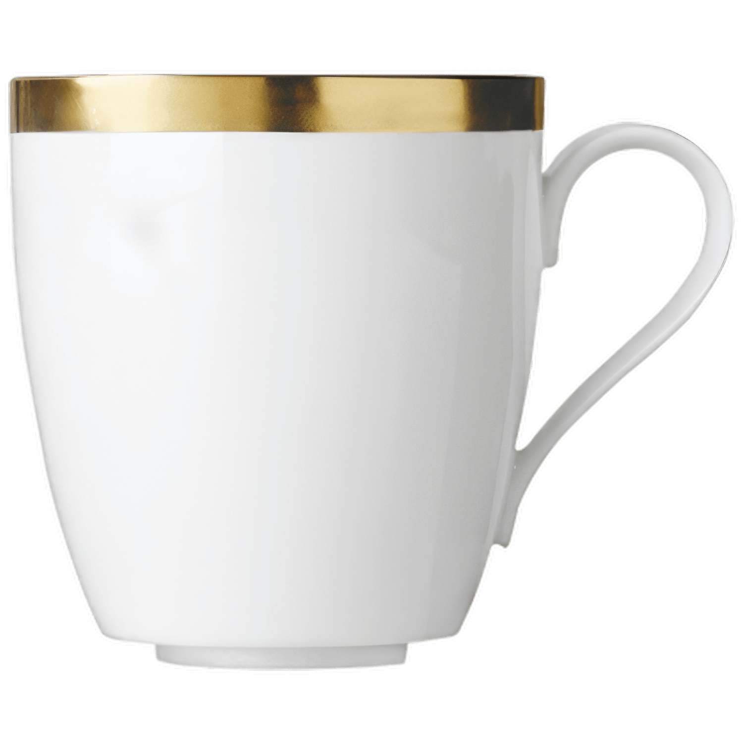 Weiße Tasse mit goldener Kante, Seitenansicht, glänzt auf schwarzem Hintergrund. Fürstenberg Porzellan.