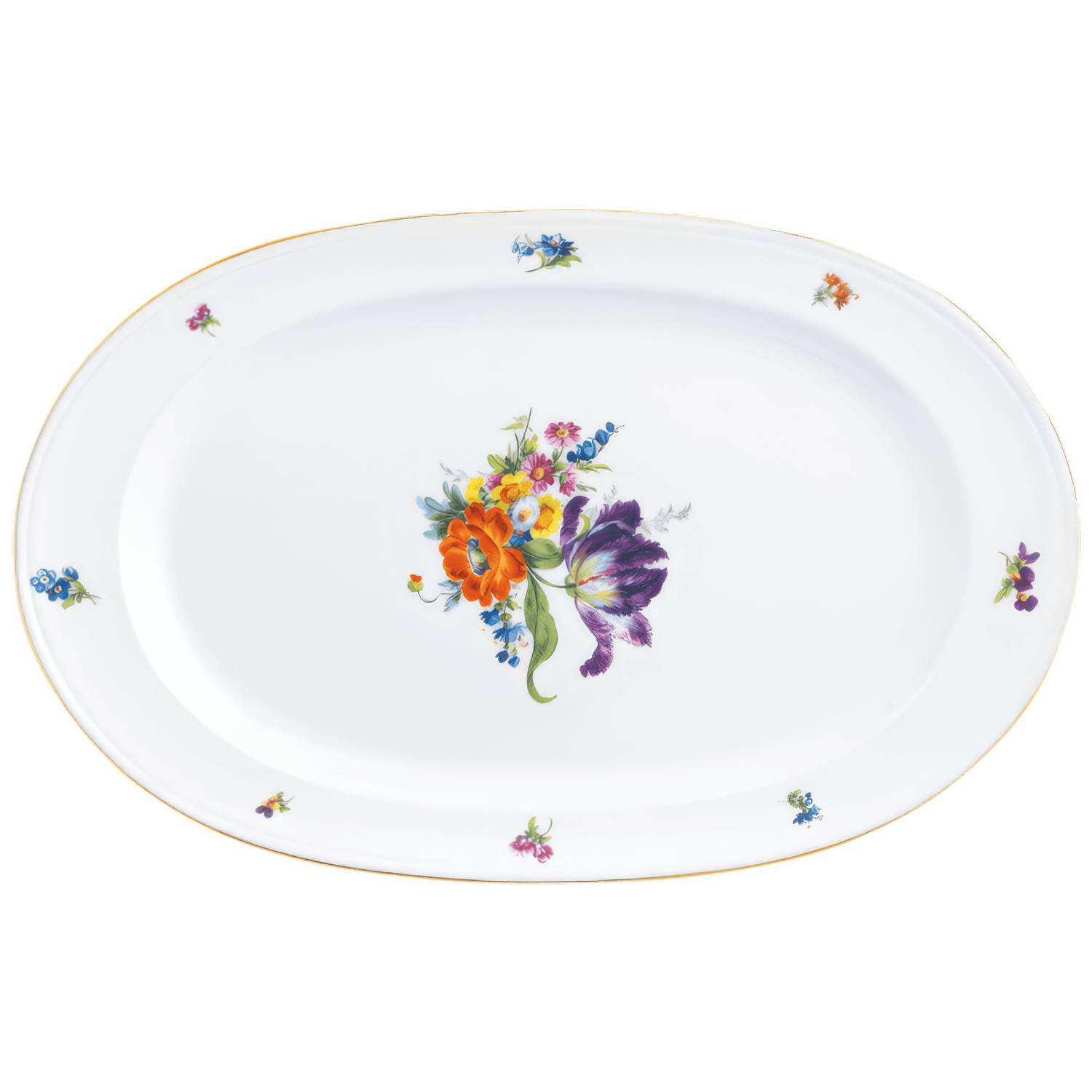 Ovaler Porzellanteller mit buntem Blumendekor und weißen Hintergrund. Fürstenberg Porzellan.