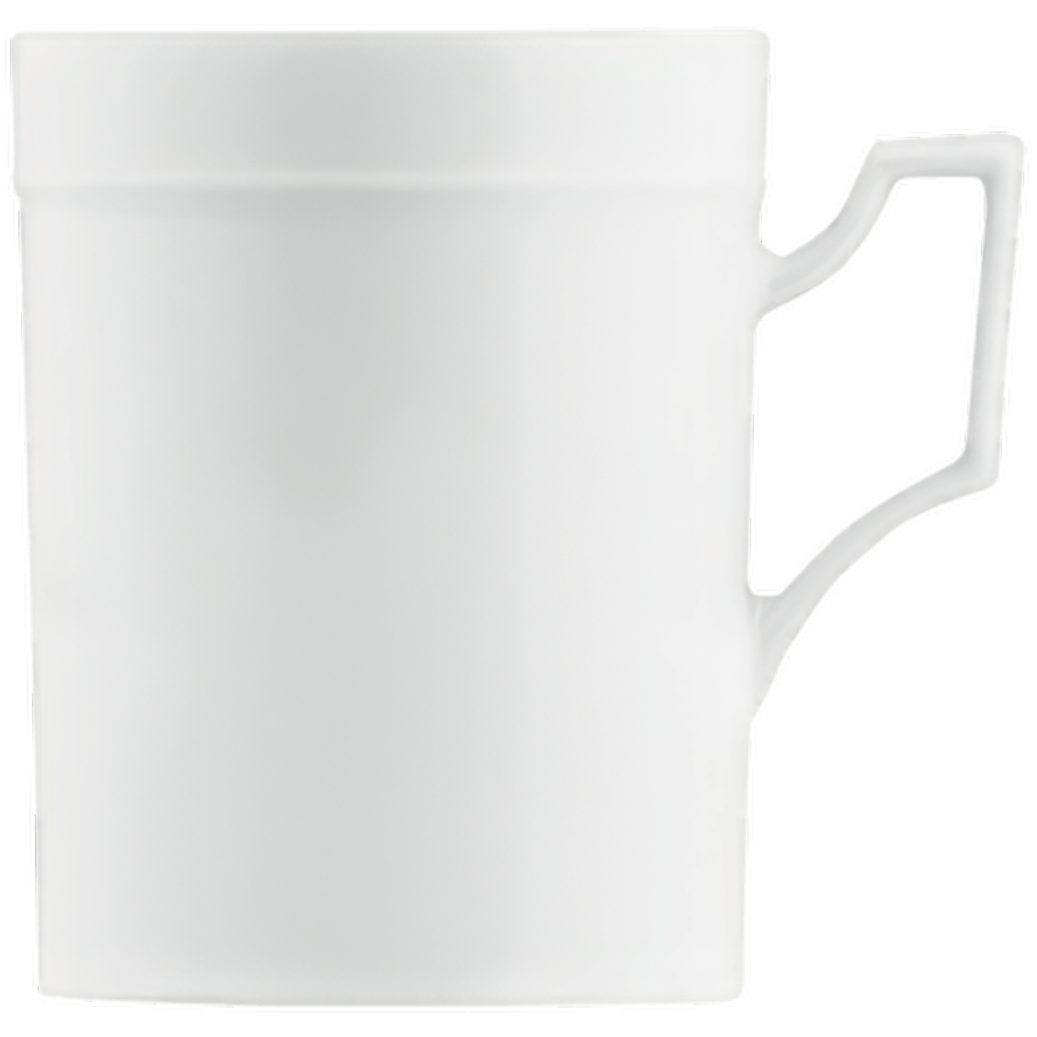 Weißer Kommerzkahn Becher mit Henkel vor schwarzem Hintergrund. Fürstenberg Porzellan.