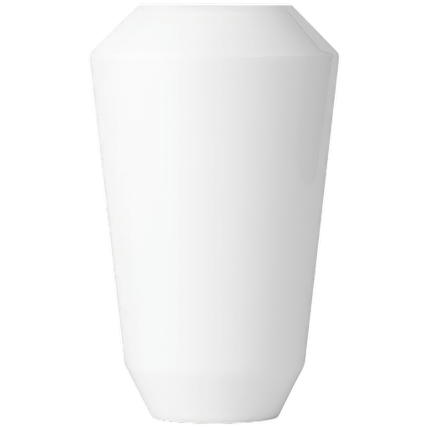 Weiße, sechseckige Porzellantasse auf weißem Hintergrund, schlicht und minimalistisch. Fürstenberg Porzellan.