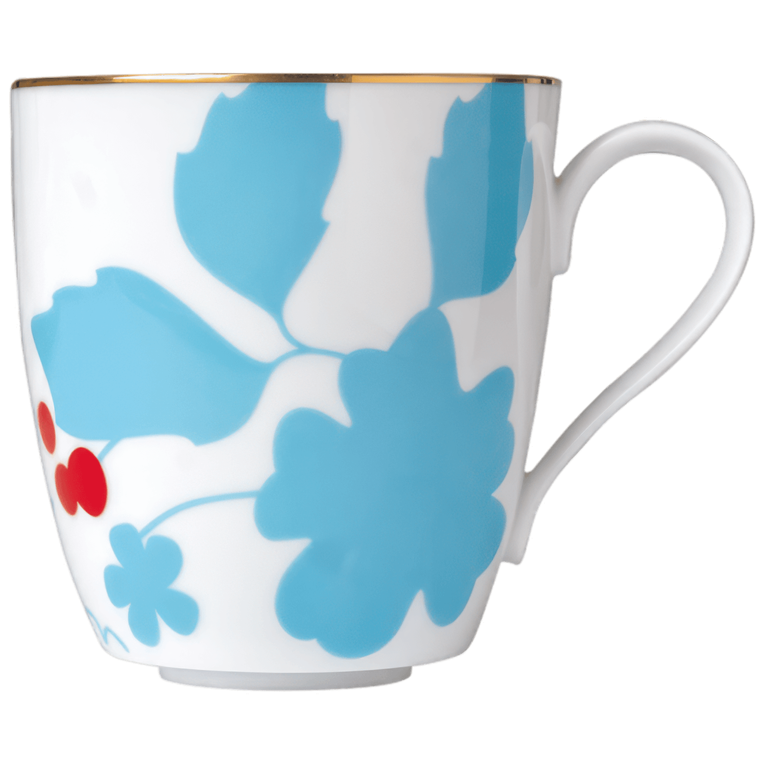 Weiße Tasse mit blauer Blumenmotiv und goldener Randverzierung. Fürstenberg Porzellan.