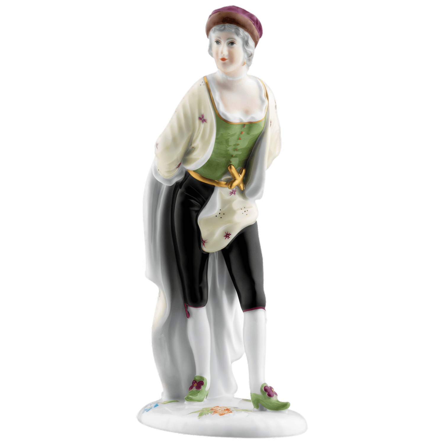 Porzellanfigur steht elegant mit grüner Weste, schwarzer Hose, weißer Strumpf. Fürstenberg Porzellan.