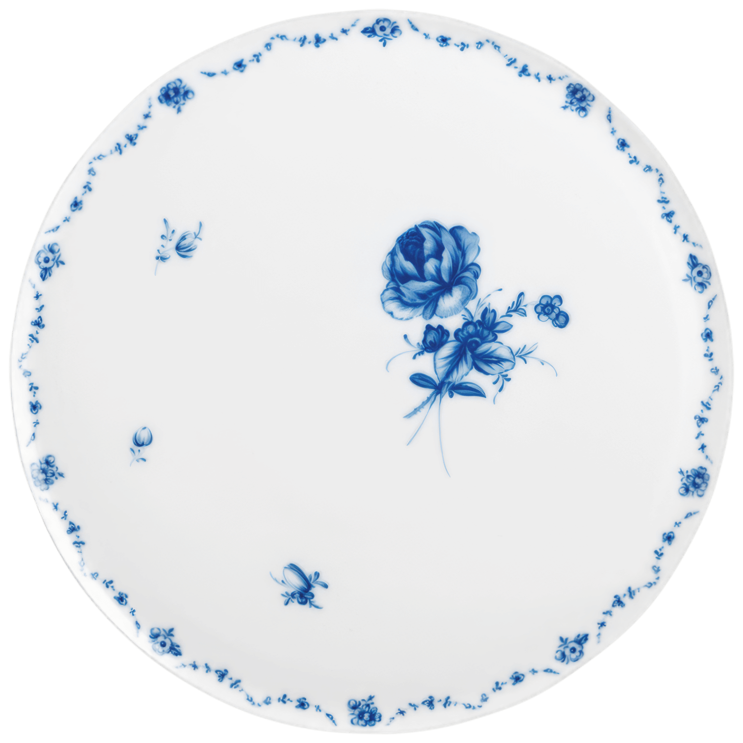 Weiße Porzellanplatte mit blauer Blume und Rankenverzierung am Rand. Fürstenberg Porzellan.
