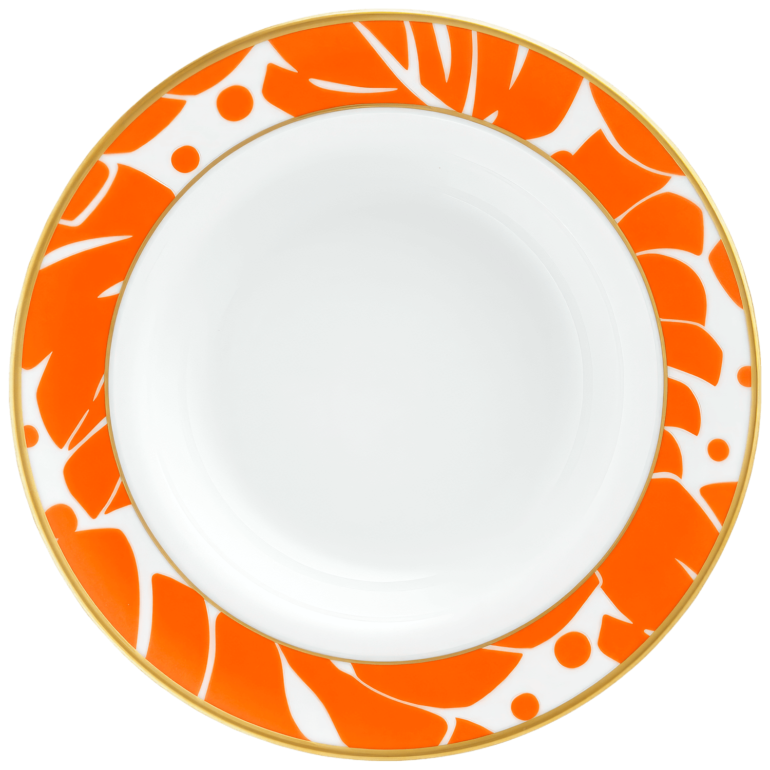 Teller mit orange-weißem Blattmuster, goldgefasstem Rand; Designverzierung. Fürstenberg Porzellan.