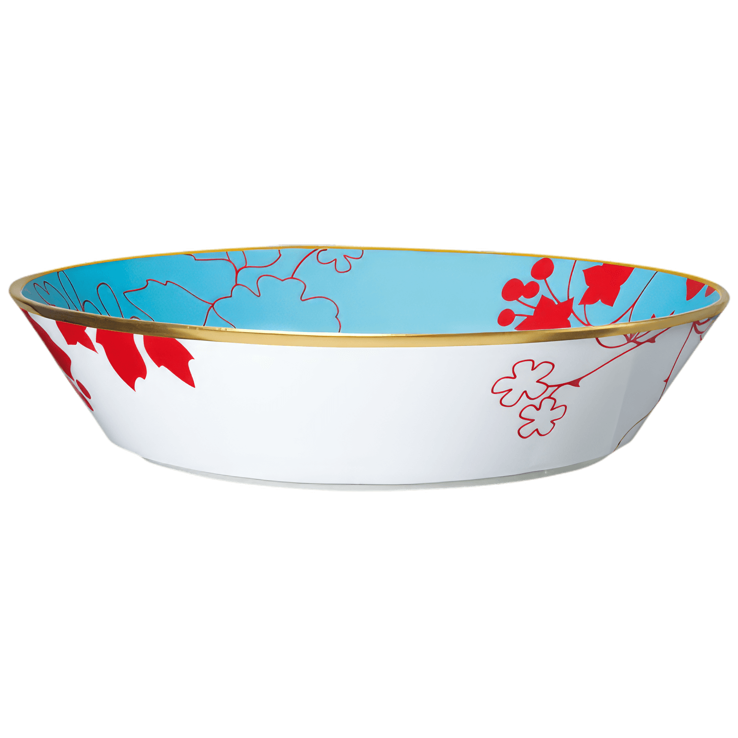Eine flache Schale mit blauer Innenseite, rotem Blumenmuster, goldener Kante. Fürstenberg Porzellan.