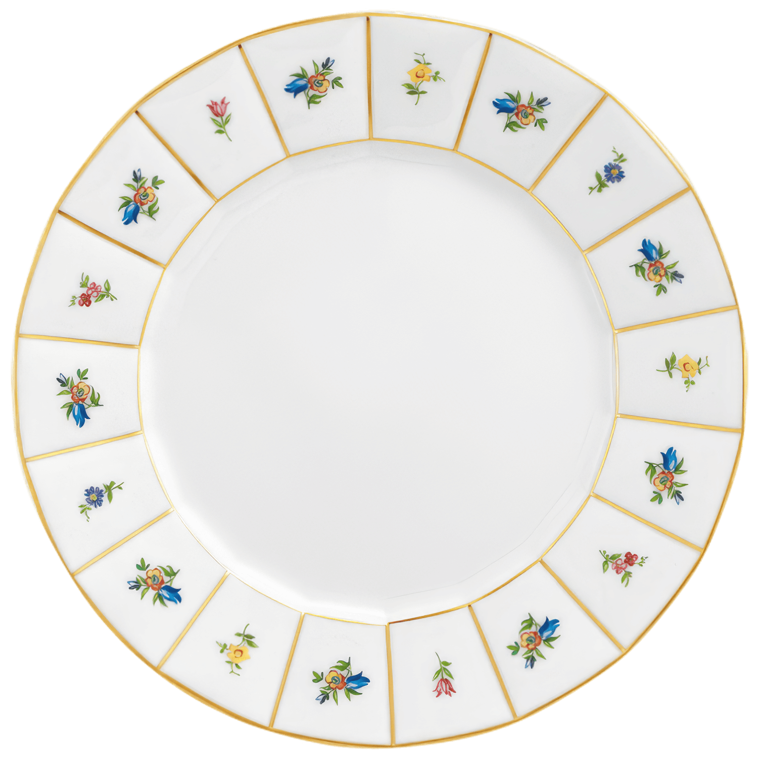 Porzellanteller mit goldenen Linien und mehrfarbigen, floralen Mustern verziert. Fürstenberg Porzellan.