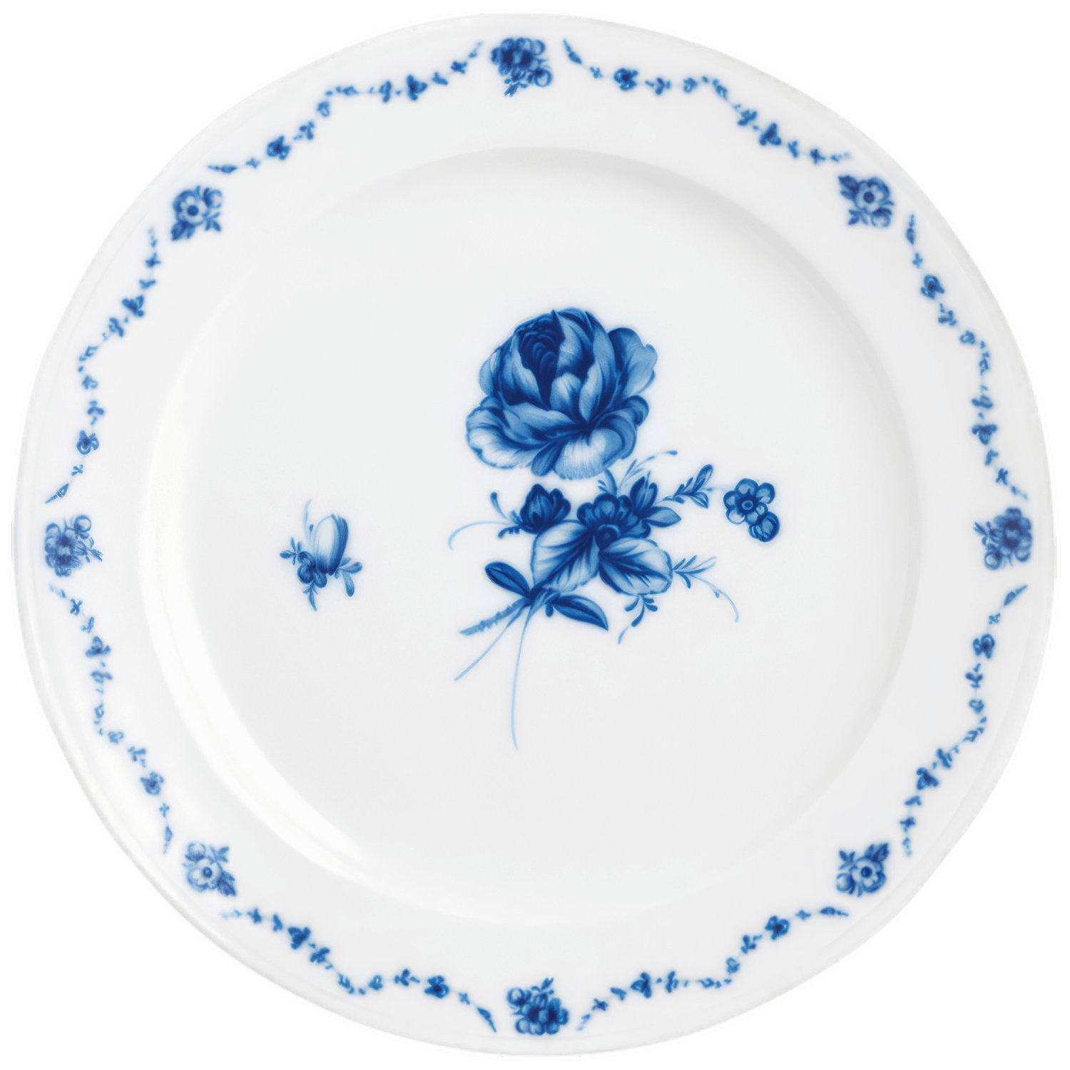 Weißer Porzellanteller mit blauer Blumenmalerei und filigranen Randverzierungen. Fürstenberg Porzellan.