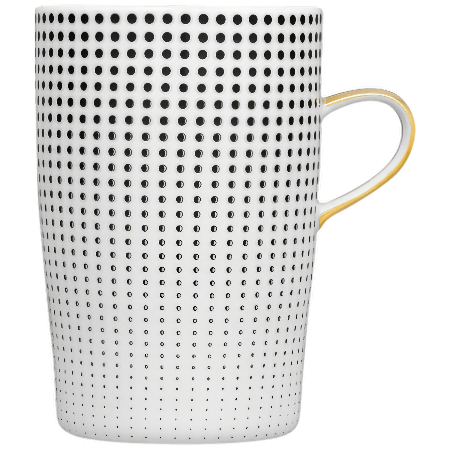 Porzellantasse mit schwarzem, gepunktetem Muster und goldener Umrandung. Fürstenberg Porzellan.