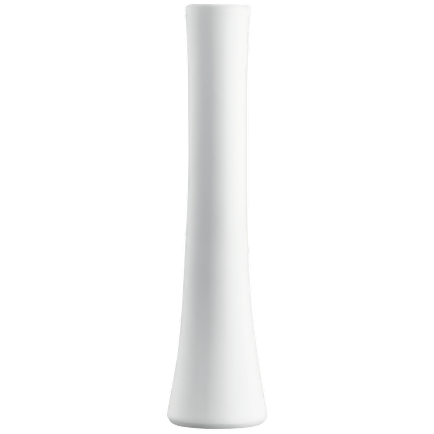 Weiße, schlanke Porzellanvase steht aufrecht vor einem neutralen Hintergrund. Fürstenberg Porzellan.