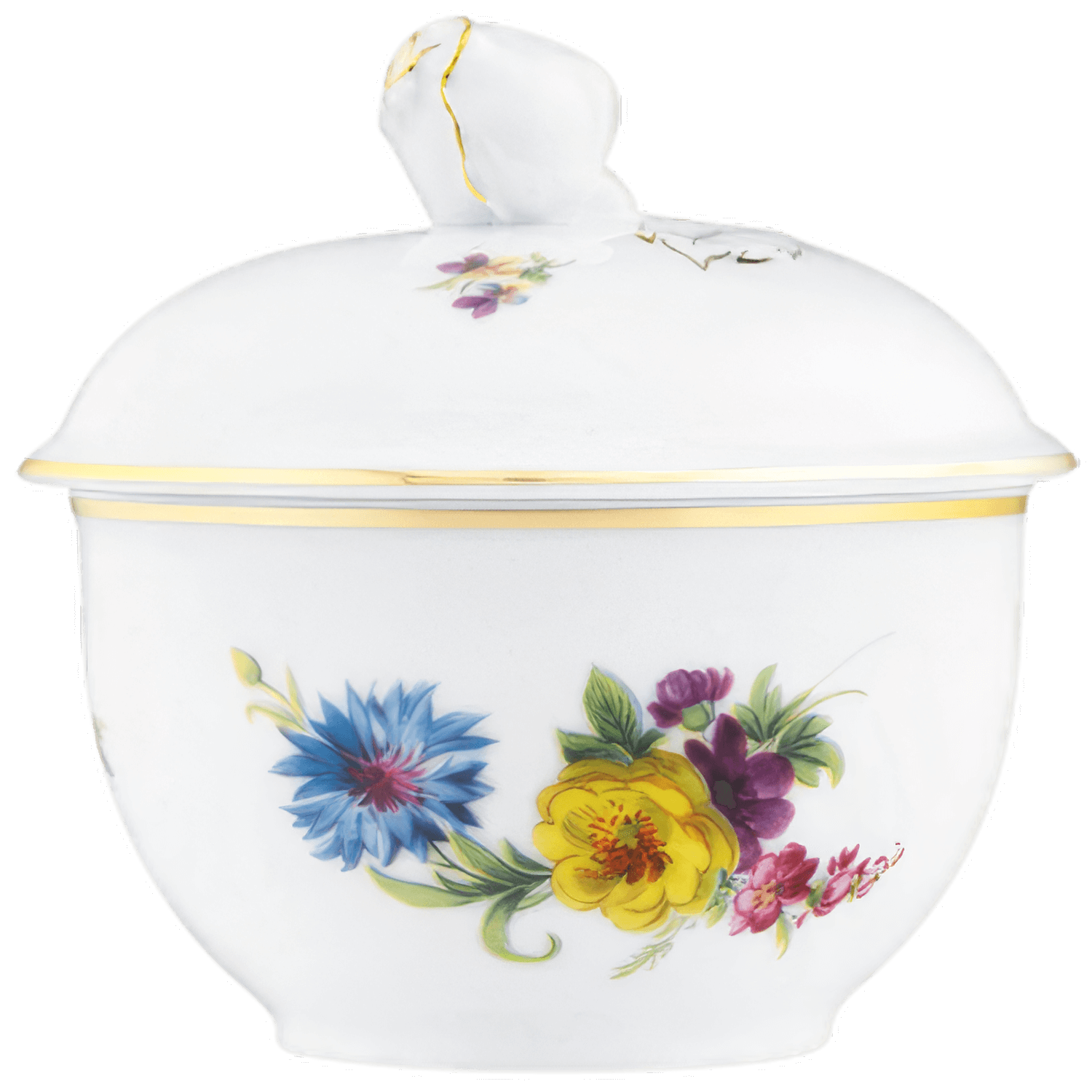 Porzellanschüssel mit Deckel, Blumendekor und goldenen Akzenten, steht aufrecht. Fürstenberg Porzellan.