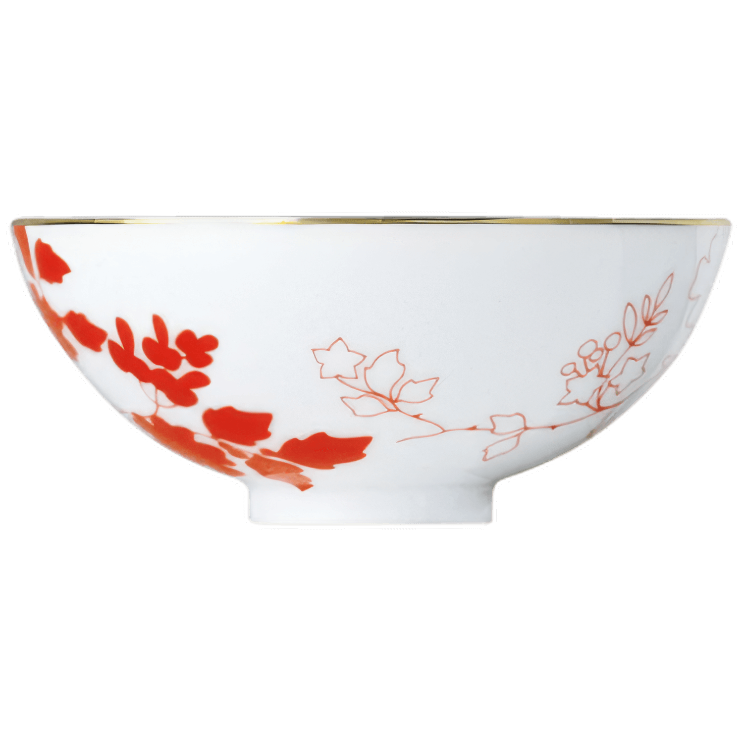 Weiße Porzellanschale mit roten Blumenmotiven und goldener Kante. Fürstenberg Porzellan.