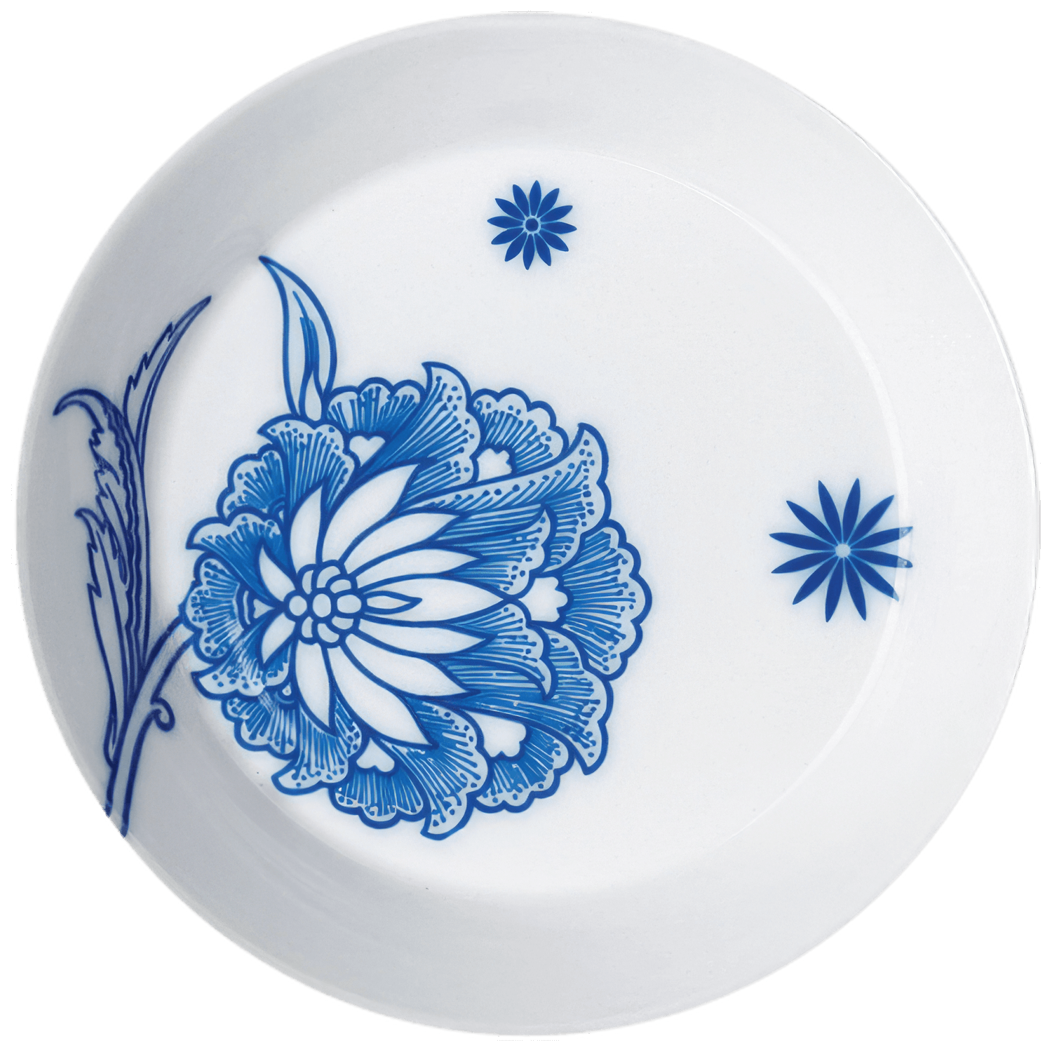 Teller mit blauen Blumenmuster schwebt über passender Schale. Weißes Porzellan. Fürstenberg Porzellan.