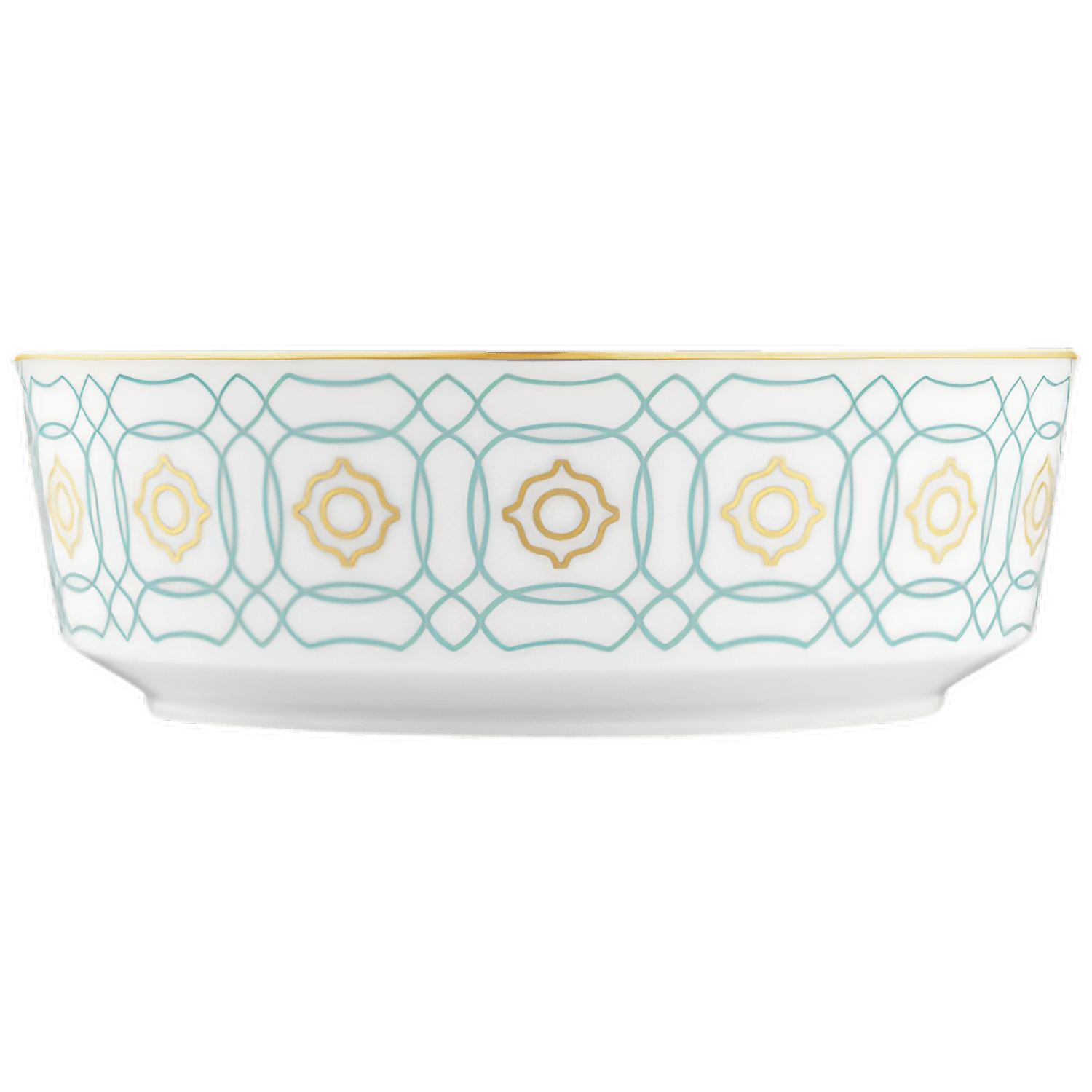 Weiße Schale mit geometrischem, gold-türkisfarbenem Muster verziert. Fürstenberg Porzellan.