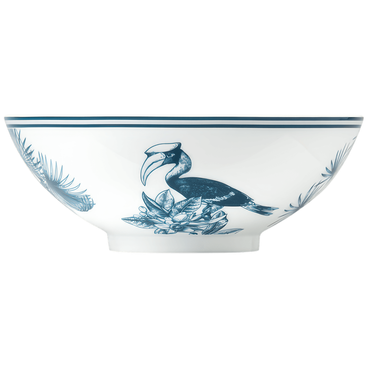Schale mit blauem Tukan-Design, verziert mit Blättern. Fürstenberg Porzellan.